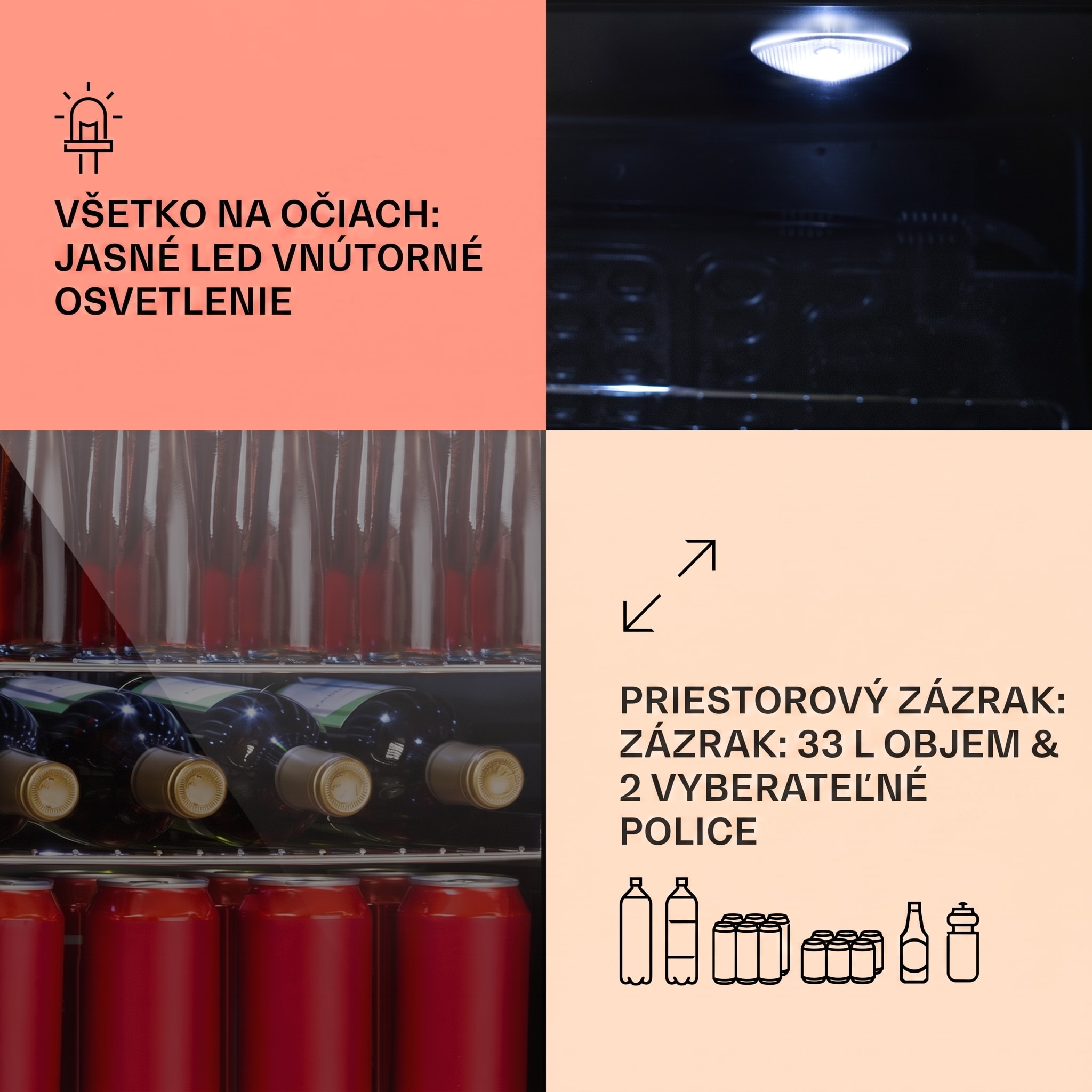 Klarstein Beersafe M Onyx, chladnička, energet. trieda C, LED, 2 kovové police, sklenené dvierka – Obrázok 4