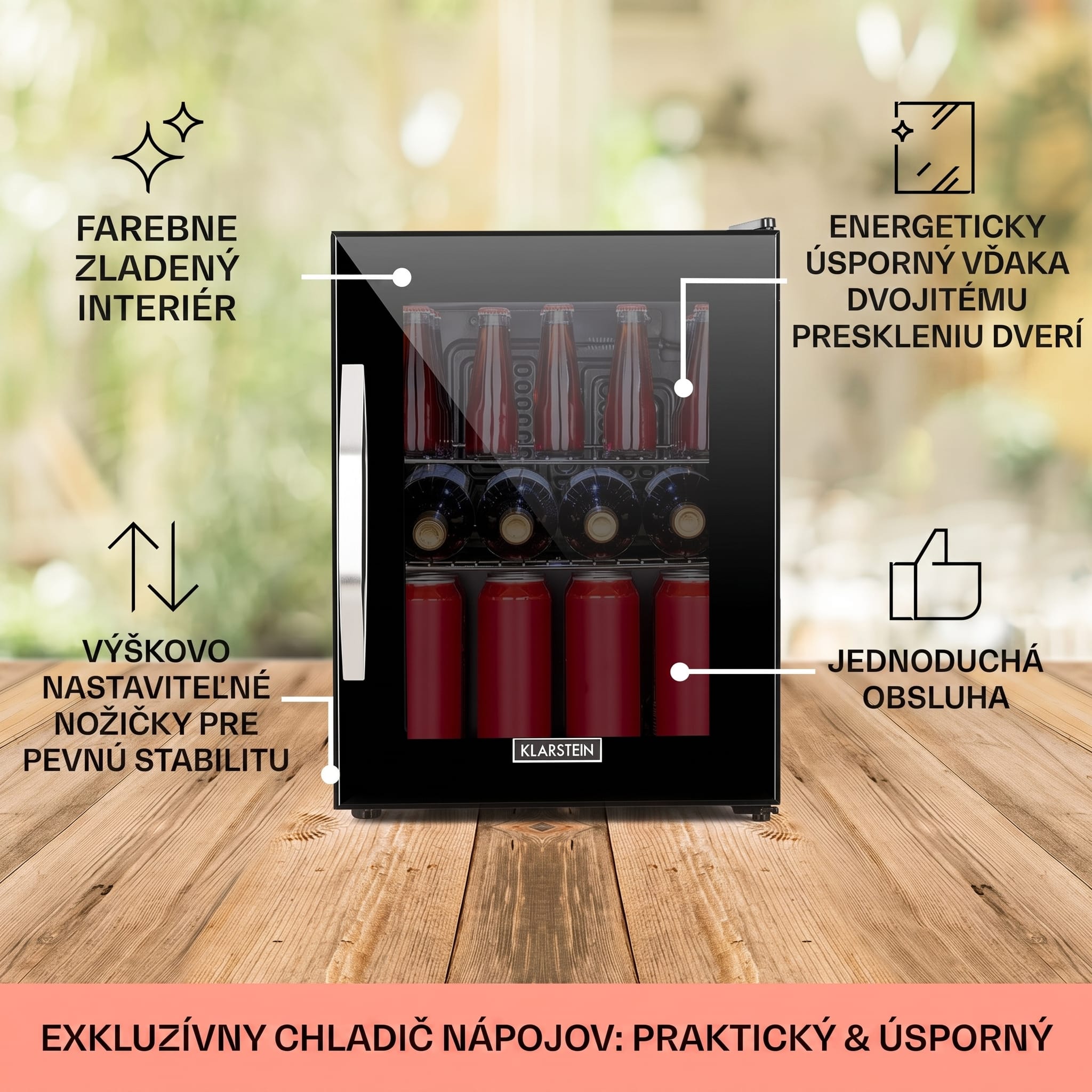 Klarstein Beersafe M Onyx, chladnička, energet. trieda C, LED, 2 kovové police, sklenené dvierka – Obrázok 5