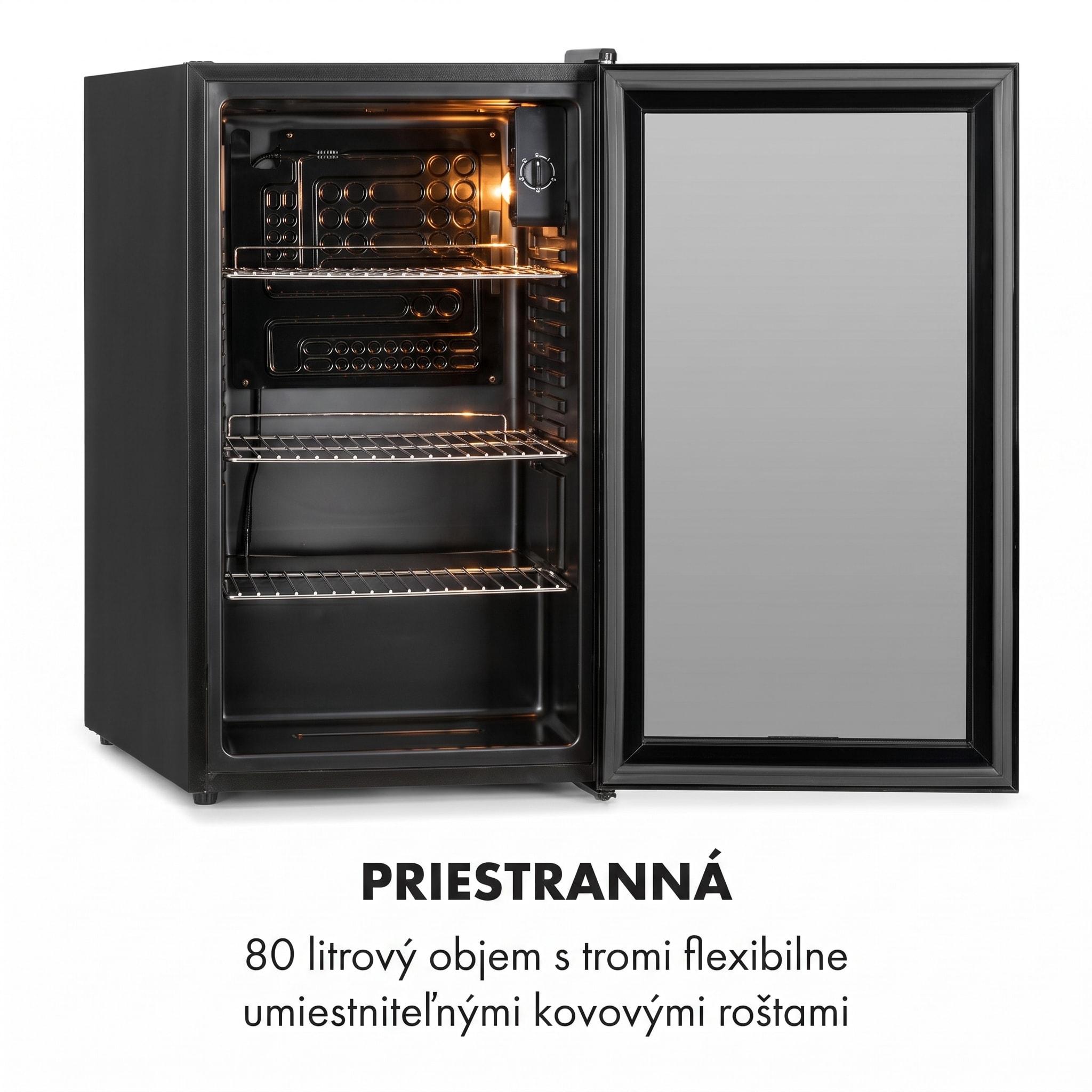 Klarstein Beersafe XXL Onyx, chladnička, energet. trieda E, 3 kovové police, panoramatické sklenené dvierka – Obrázok 3