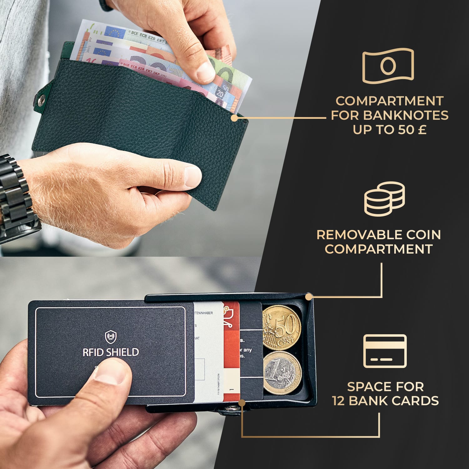 Slimpuro ZNAP Slim Wallet, 12 kariet, priehradka na mince, 8,9 x 1,8 x 6,3 cm (Š x V x H), ochrana RFID – Obrázok 2