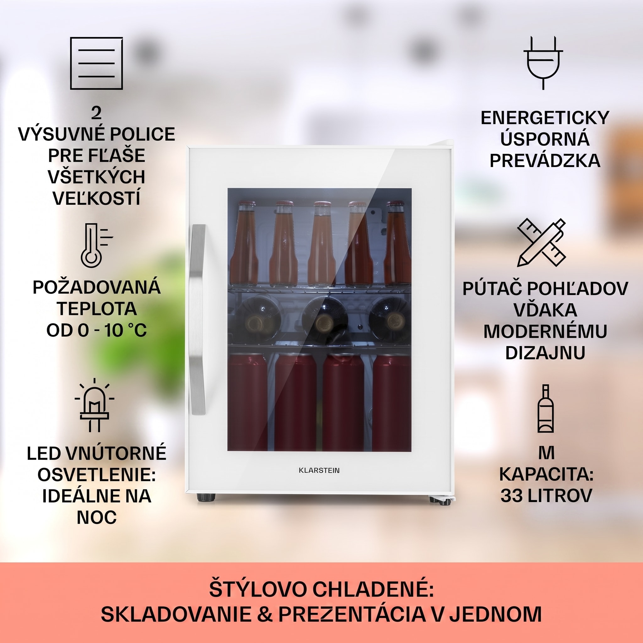 Klarstein Beersafe M Quartz, chladnička, 33 l, 2 police, sklenené panoramatické dvierka – Obrázok 2