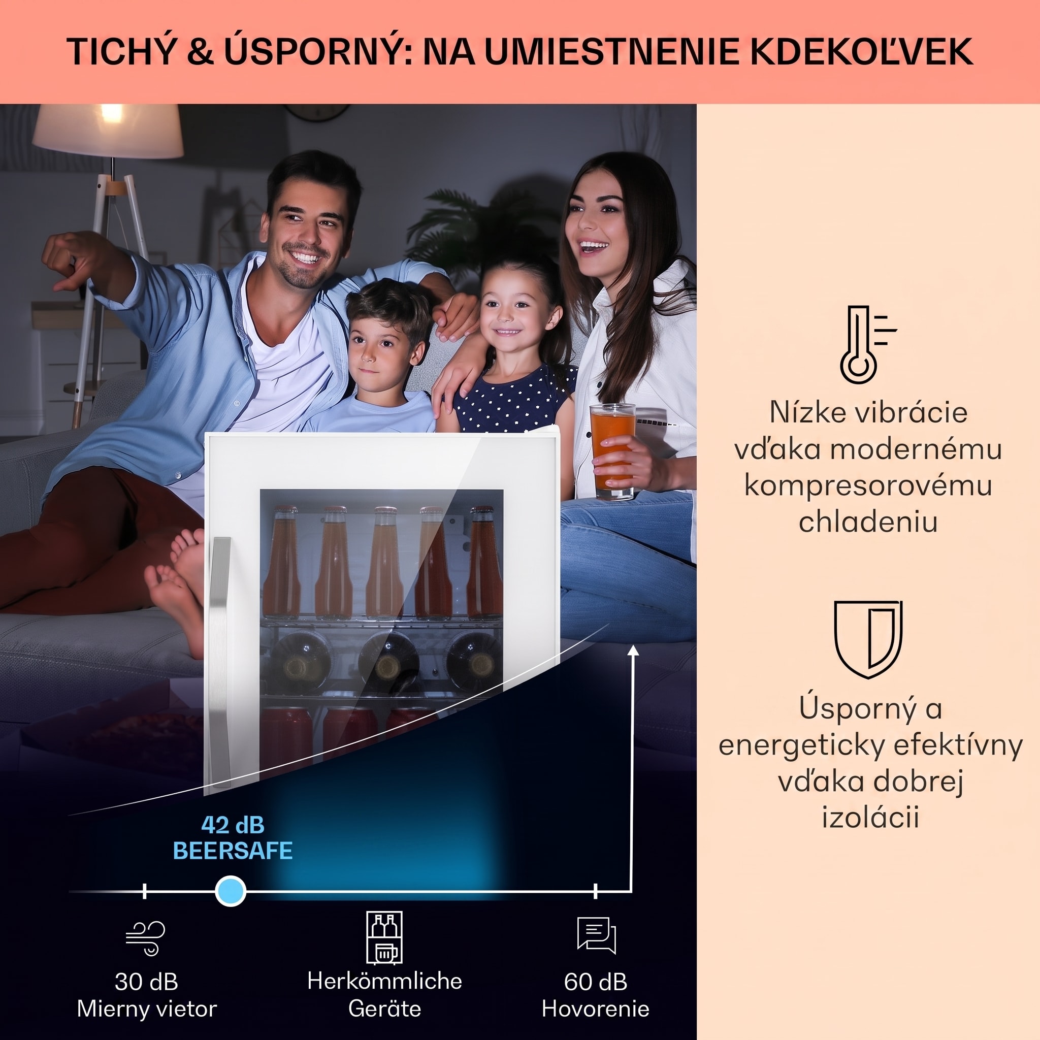 Klarstein Beersafe M Quartz, chladnička, 33 l, 2 police, sklenené panoramatické dvierka – Obrázok 3