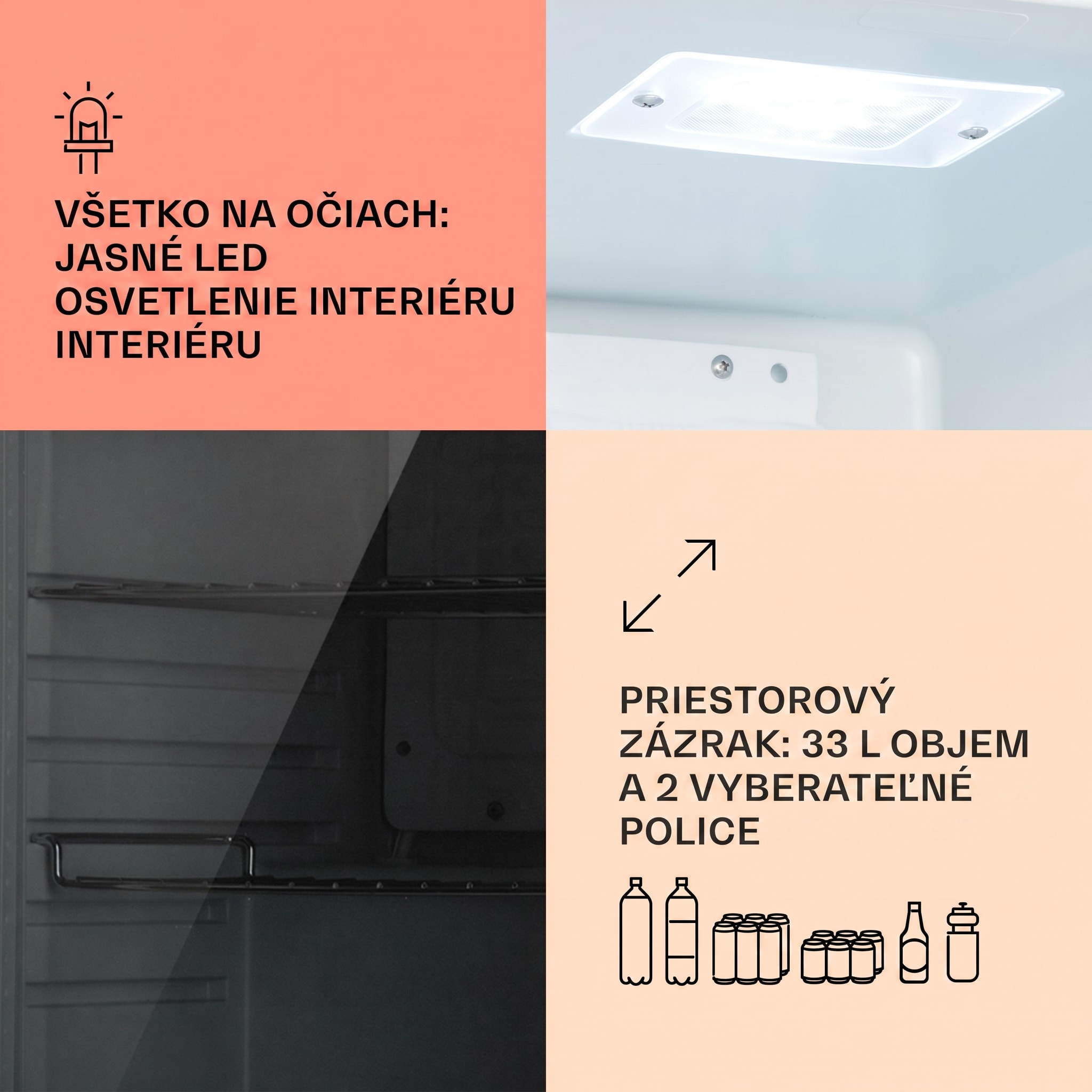 Klarstein Beersafe M Quartz, chladnička, 33 l, 2 police, sklenené panoramatické dvierka – Obrázok 4
