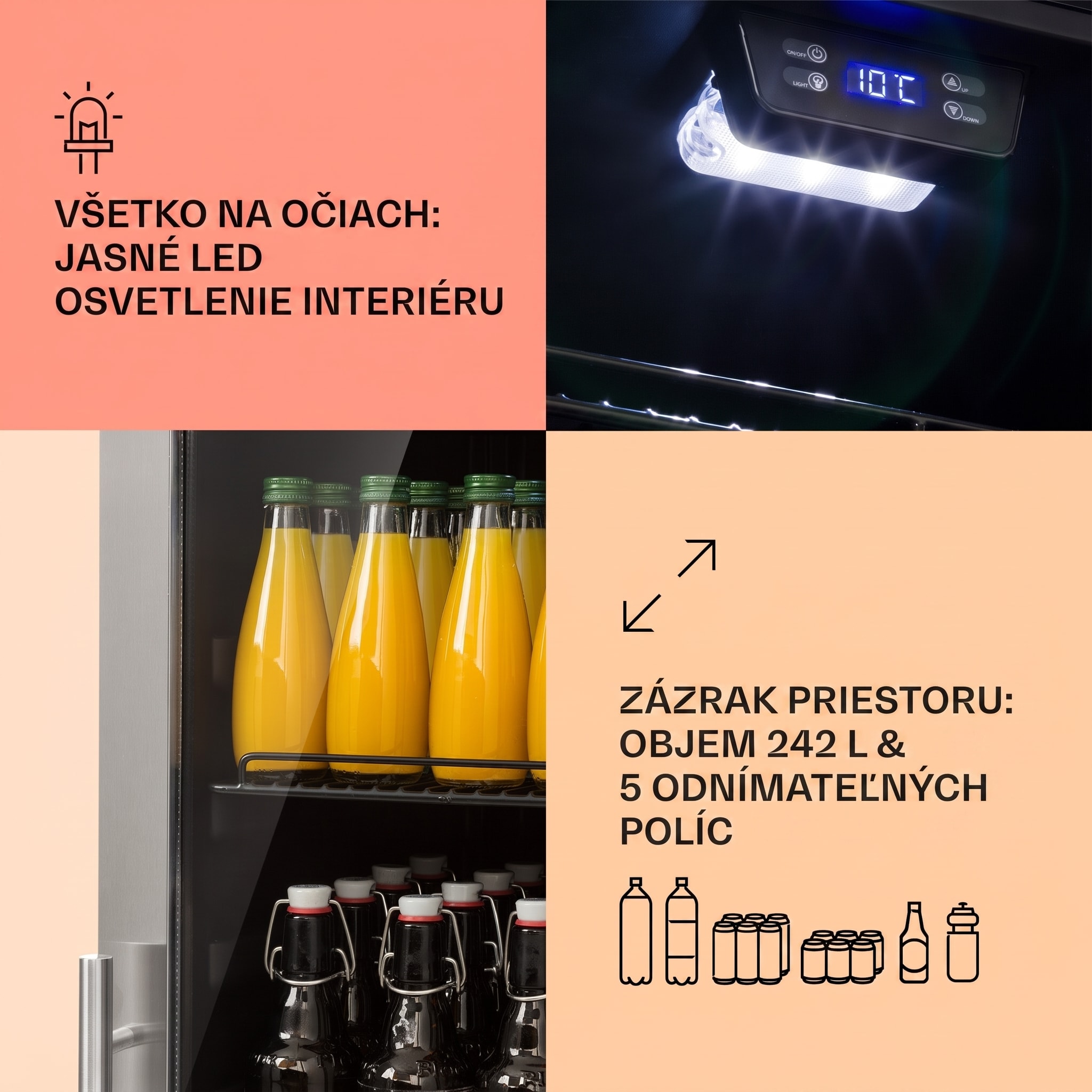 Klarstein Beersafe 7XL, chladnička, 242 l, 5 políc, panoramatické sklenené dvere, nehrdzavejúca oceľ – Obrázok 4