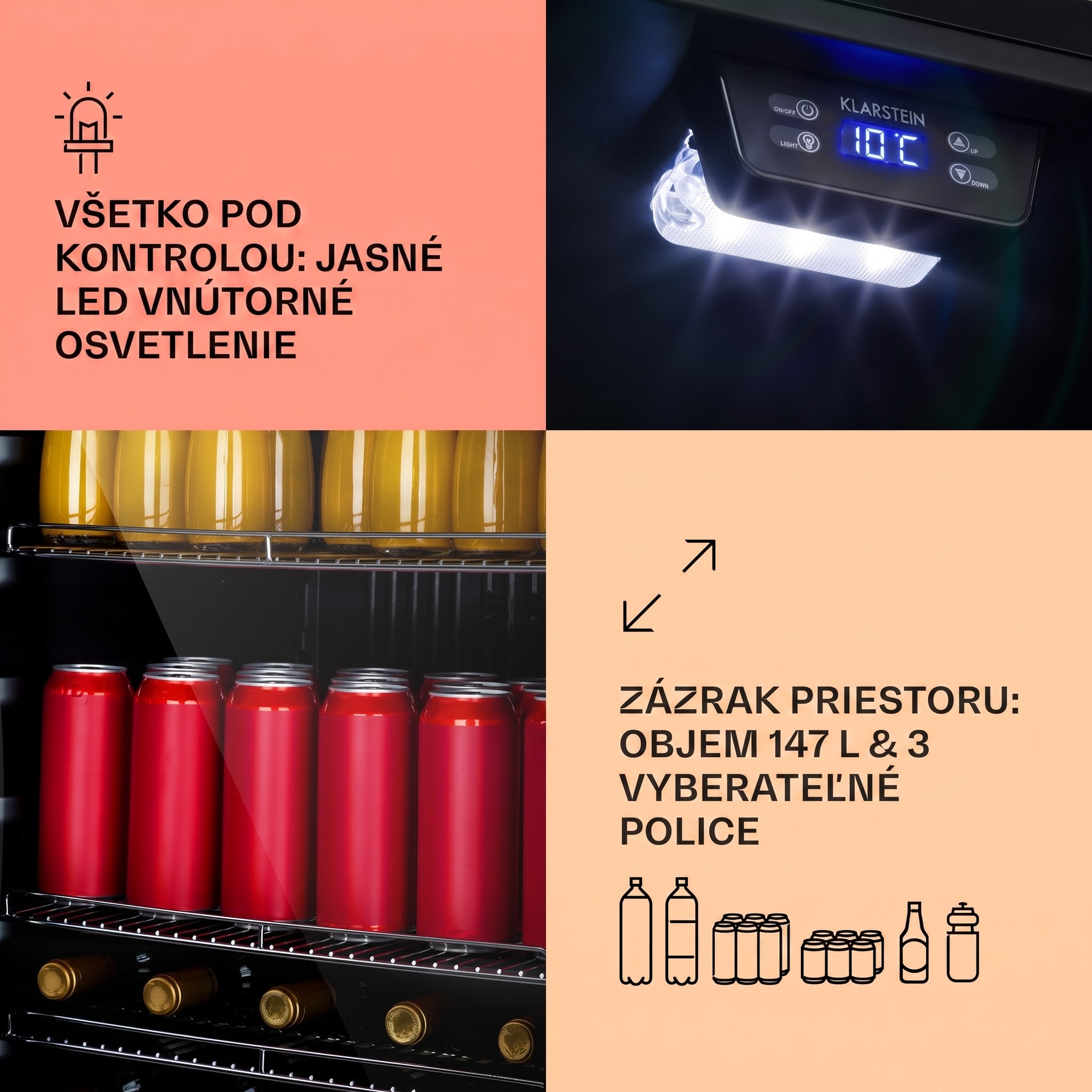 Klarstein Beersafe 5XL, chladnička, 147 l, 3 police, panoramatické sklenené dvere, nehrdzavejúca oceľ – Obrázok 4