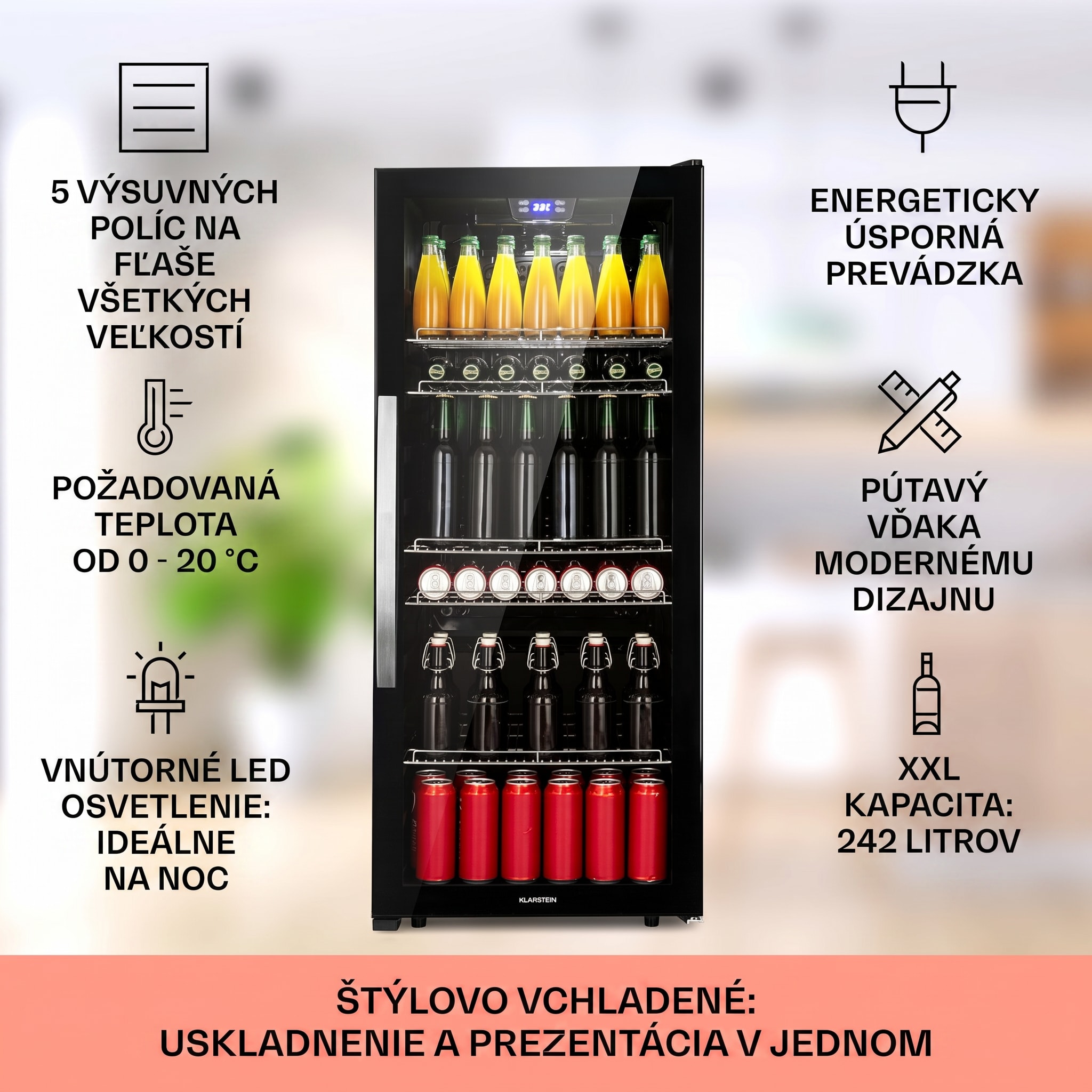 Klarstein Beersafe 7XL, chladnička, 242 l, 5 políc, panoramatické sklenené dvere, nehrdzavejúca oceľ – Obrázok 2