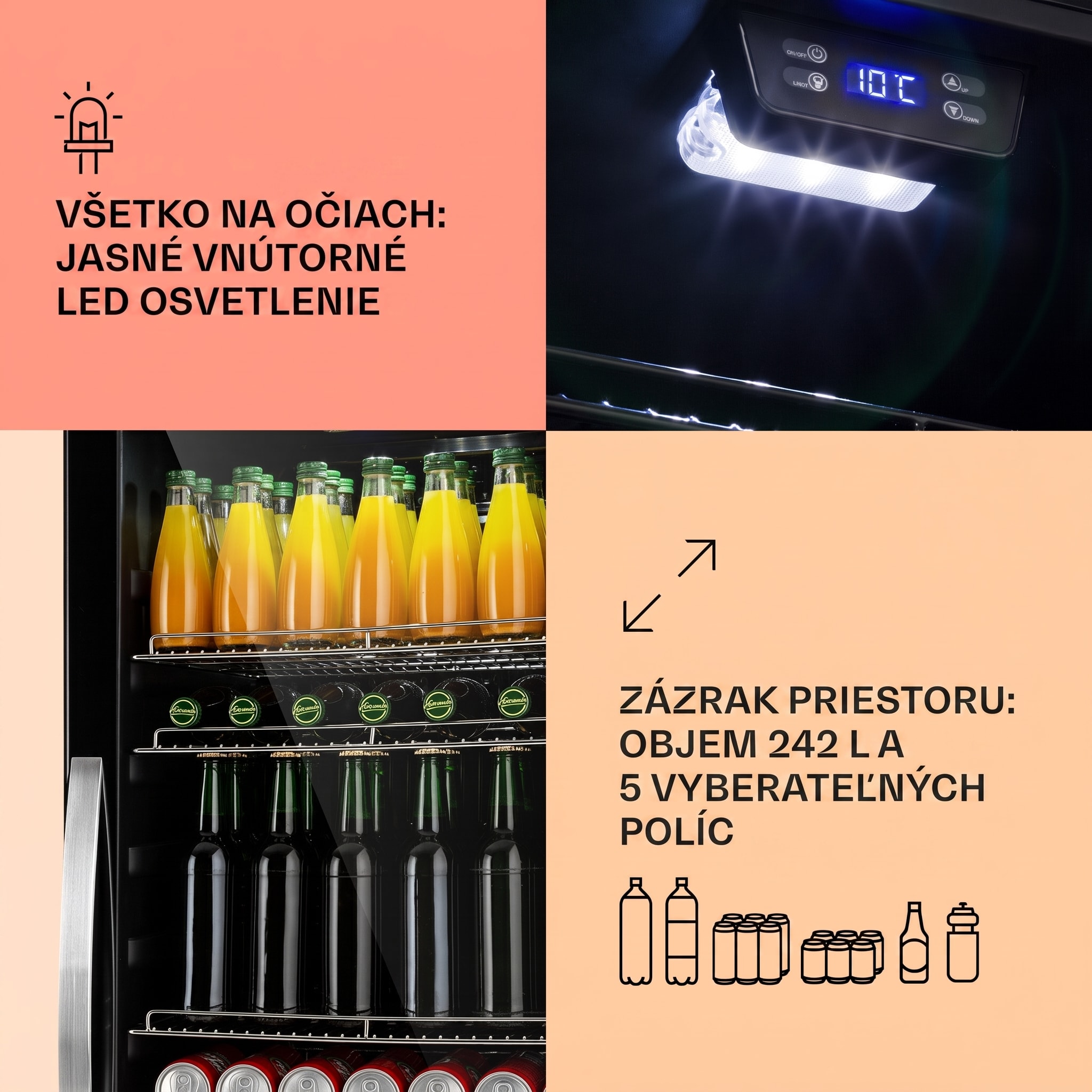 Klarstein Beersafe 7XL, chladnička, 242 l, 5 políc, panoramatické sklenené dvere, nehrdzavejúca oceľ – Obrázok 4