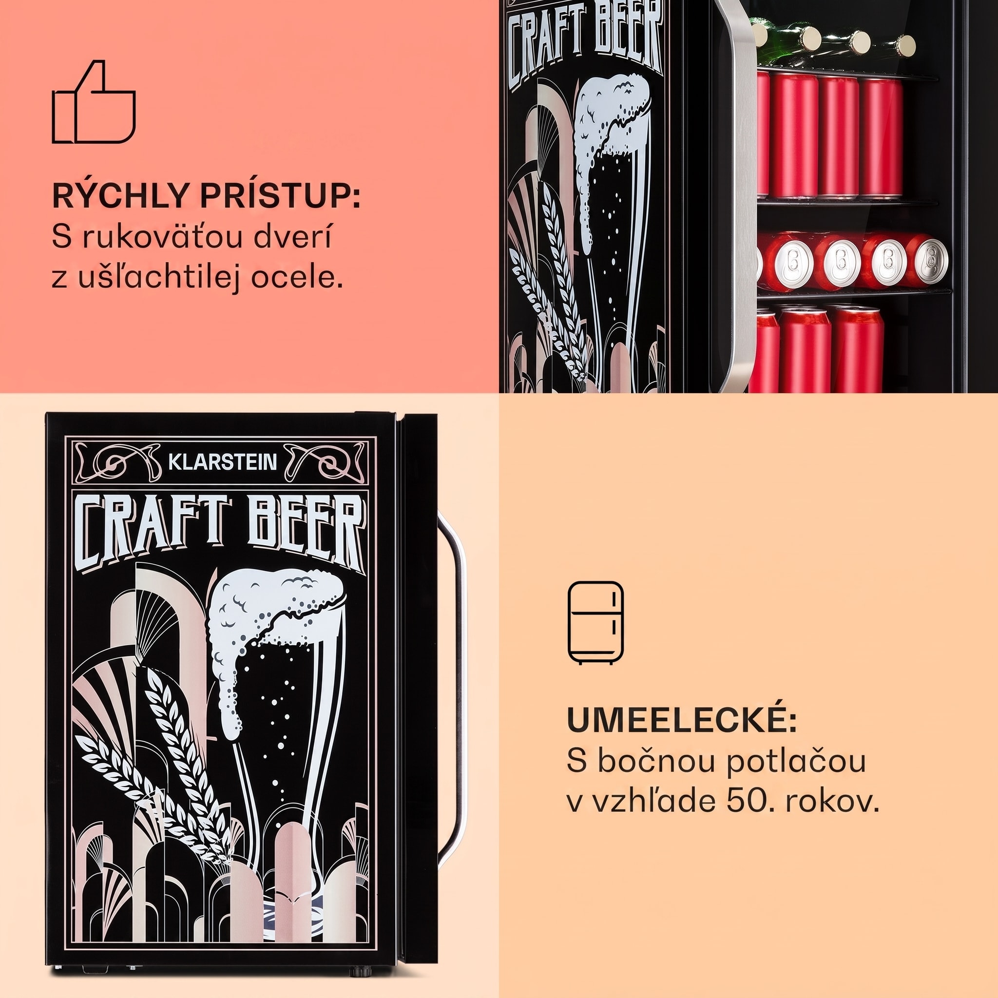 Klarstein Beersafe 70 Craft Beer Edition, chladnička, 70 litrov, sklenené dvere, nehrdzavejúca oceľ – Obrázok 4