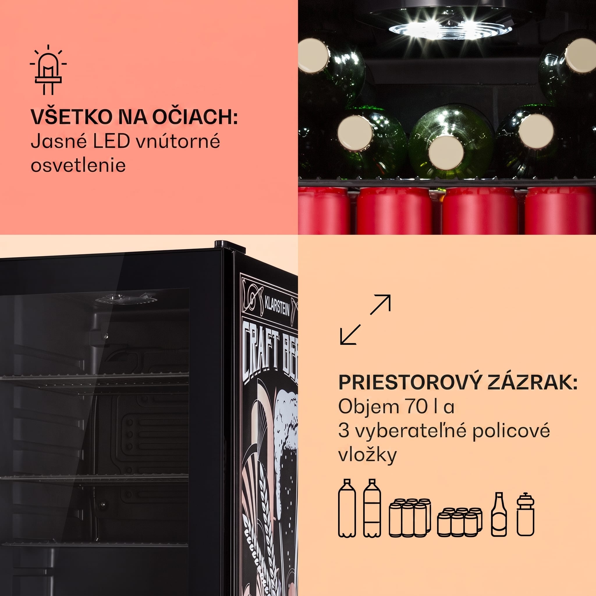 Klarstein Beersafe 70 Craft Beer Edition, chladnička, 70 litrov, sklenené dvere, nehrdzavejúca oceľ – Obrázok 5