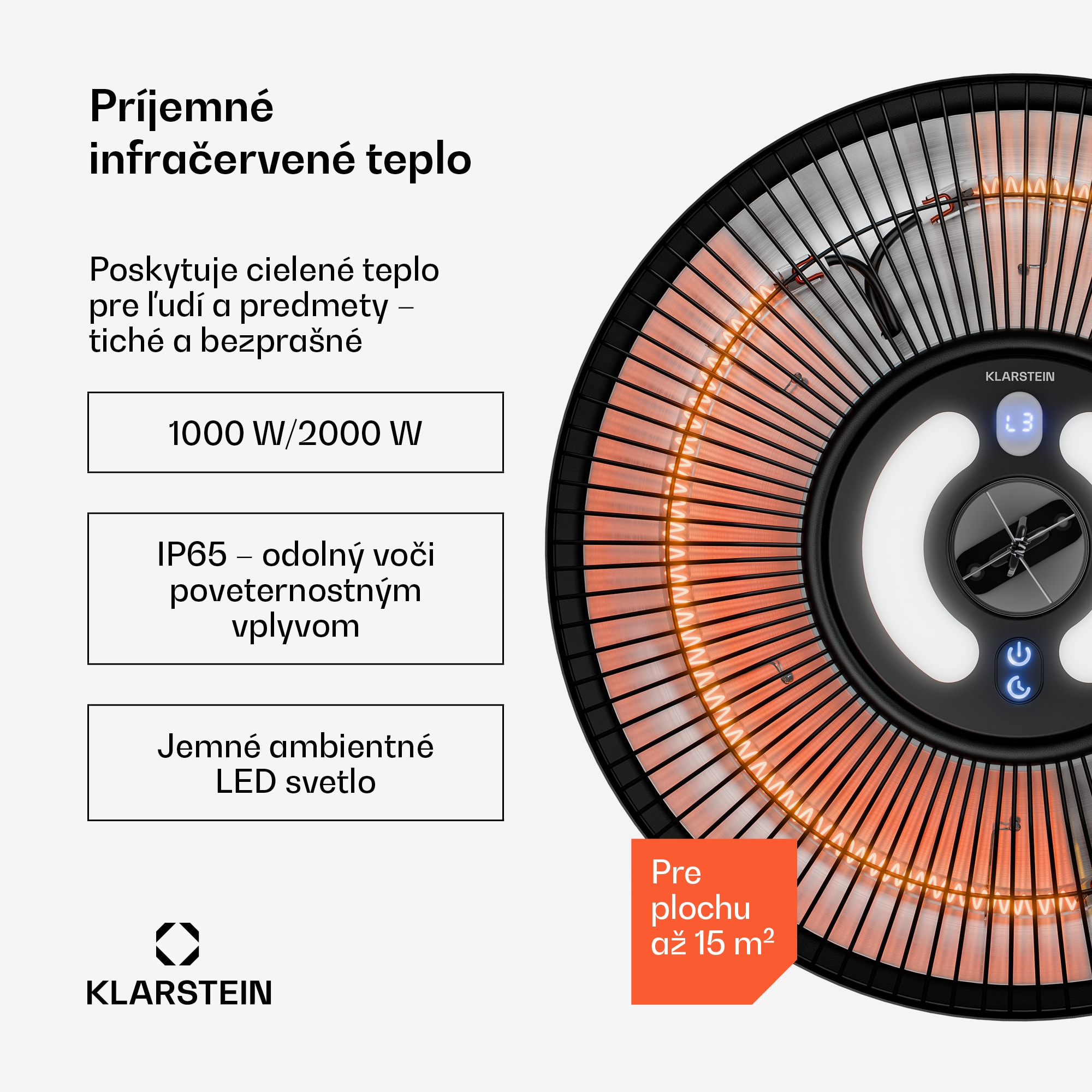 Klarstein LumiHeat infračervený stropný ohrievač | 2000 W | 15 m² | LED svetlo | 42 cm x 42 cm – Obrázok 2