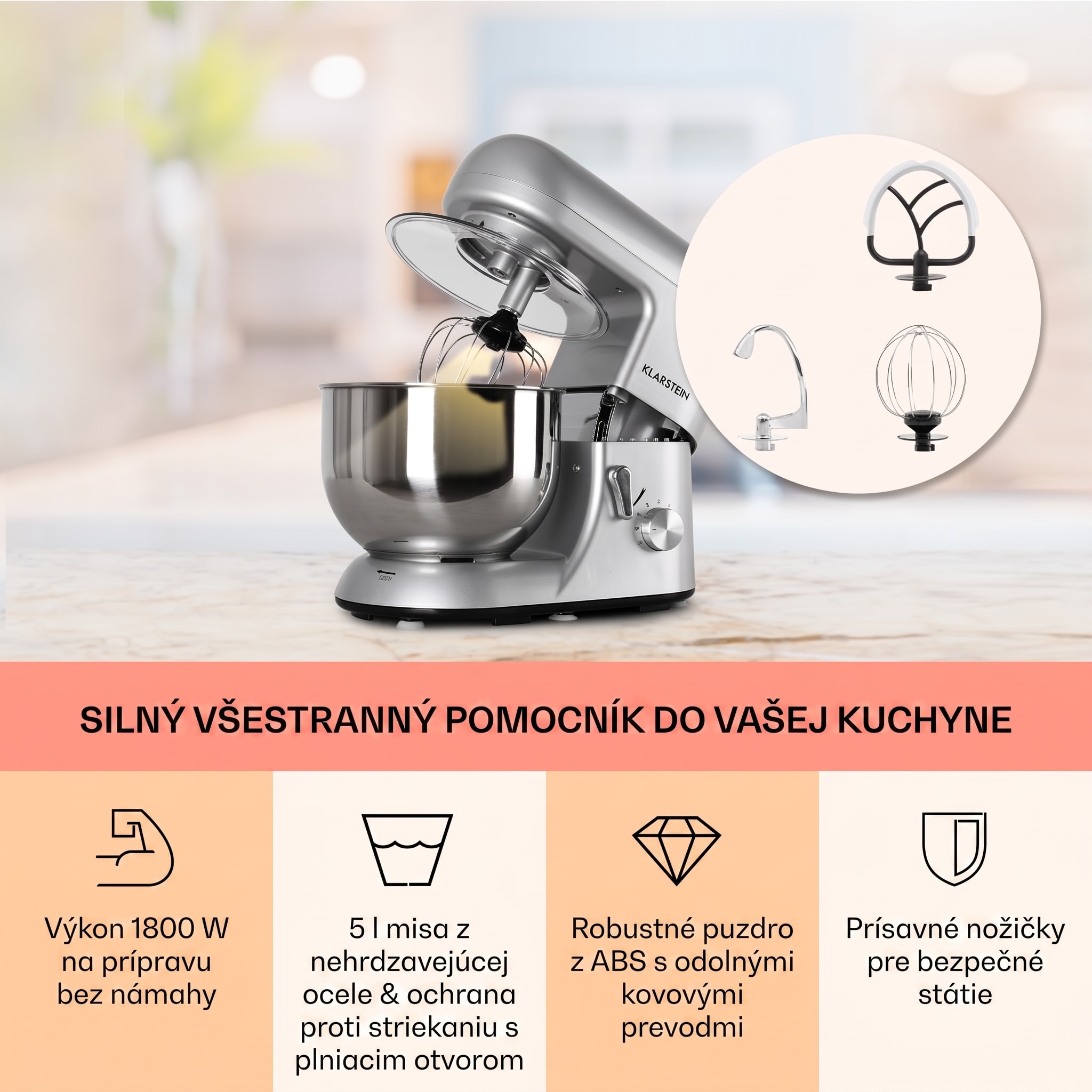 Klarstein Bella, kuchynský robot, 1800 W, 2,7 PS, 5,2 l – Obrázok 3