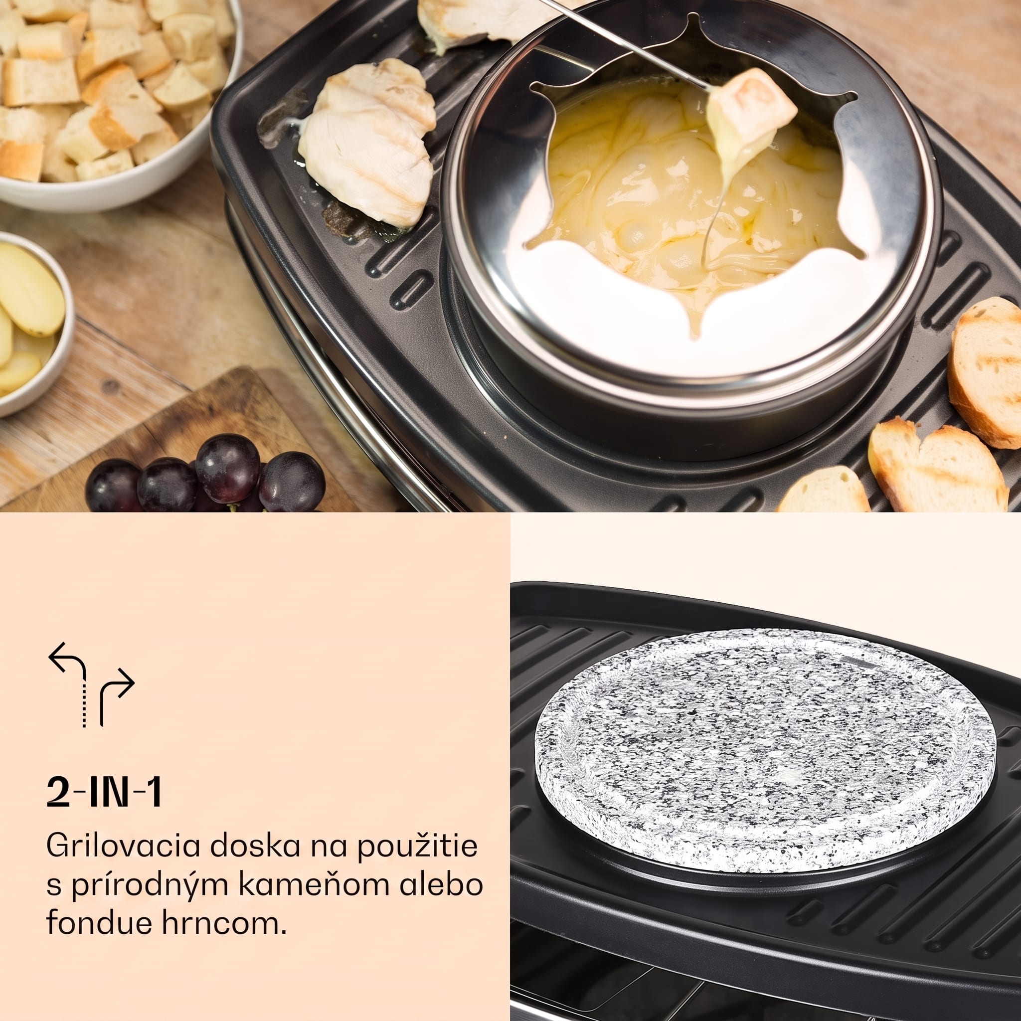 Klarstein Entrecote, raclette gril s fondue 2 v 1, 1100 W, prírodný kameň, pre 8 osôb – Obrázok 3