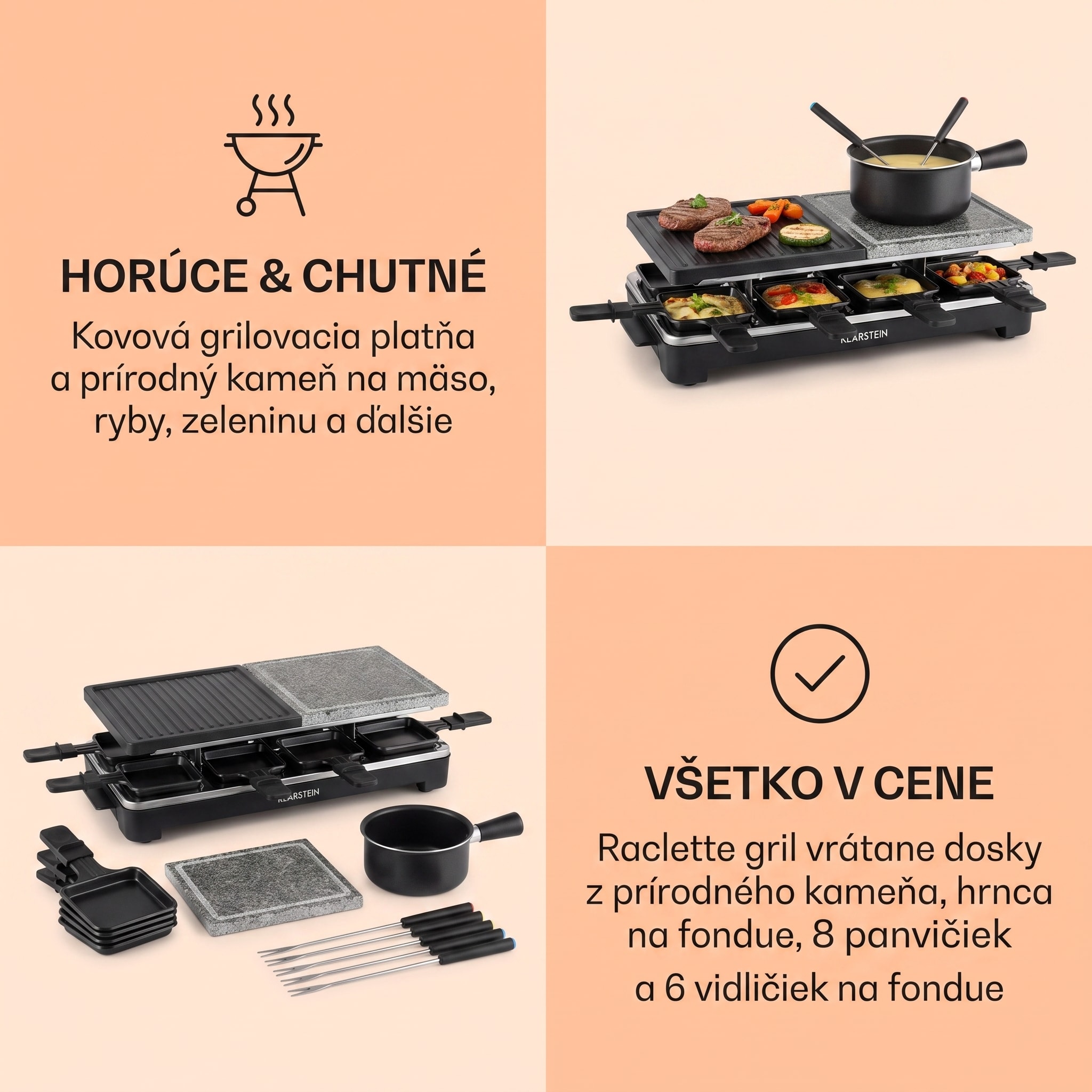 Klarstein Entrecote, raclette gril s fondue 2 v 1, 1100 W, prírodný kameň, pre 8 osôb – Obrázok 5