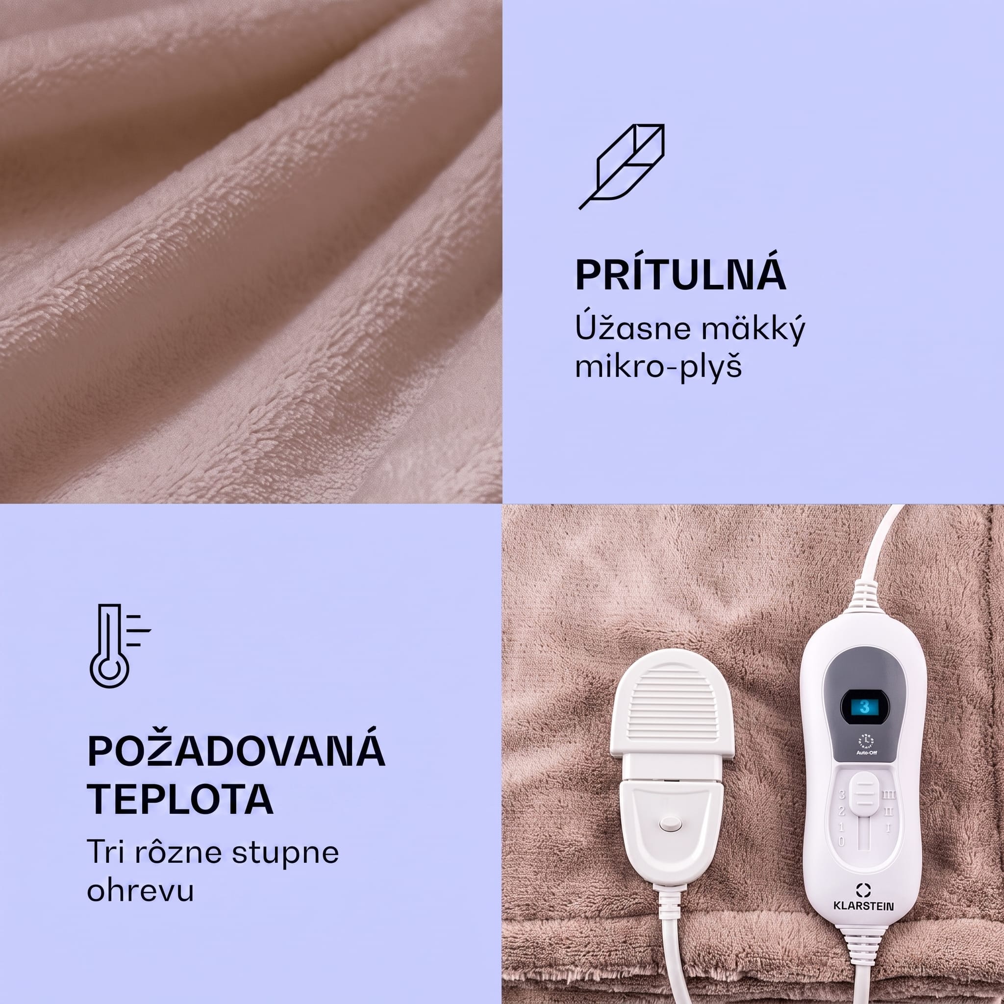 Klarstein Dr. Watson XL elektrická prikrývka 120 W, 3 stupne, 180 x 130 cm, ovládací panel – Obrázok 3