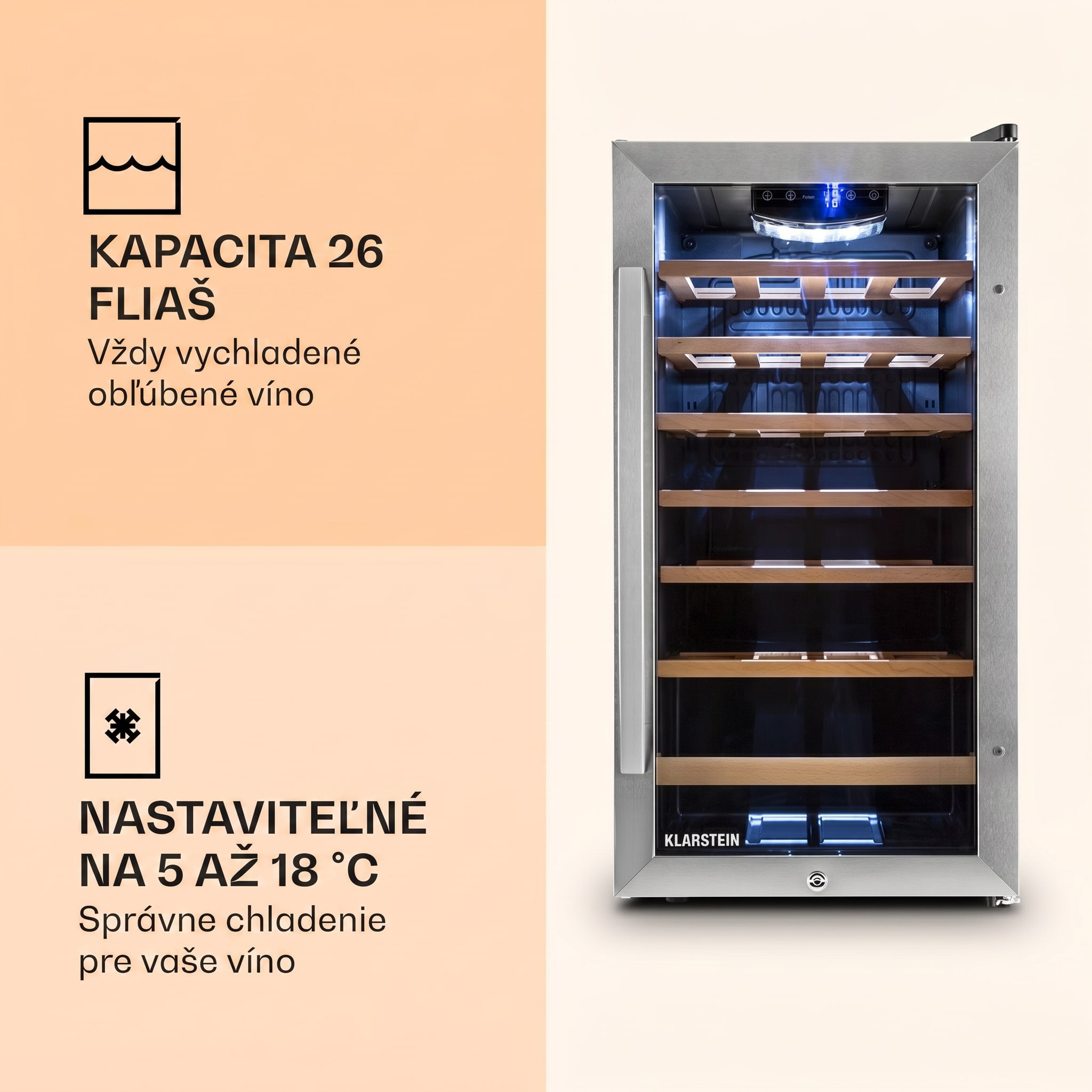 Klarstein Vivo Vino 26, 88 l, vinotéka, 26 fliaš, čierna, LED – Obrázok 3