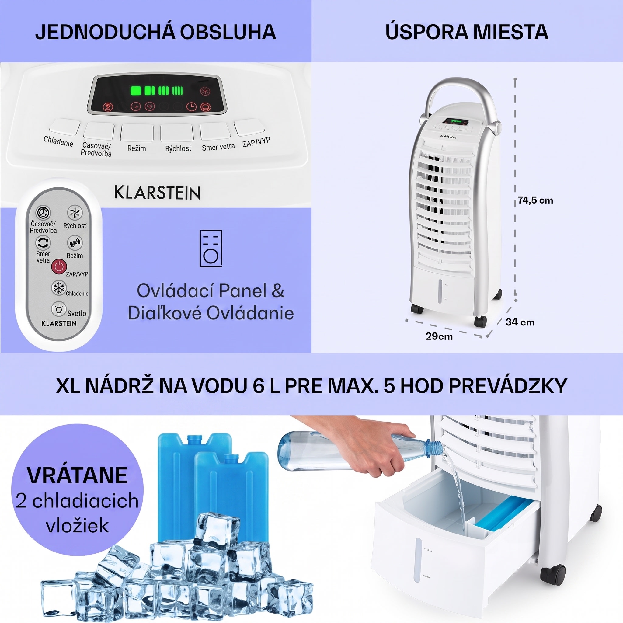 Klarstein Maxfresh, 4 v 1 ochladzovač vzduchu, ventilátor, 65 W, 6 l, diaľkový ovládač, 2 x chladiaci box – Obrázok 2