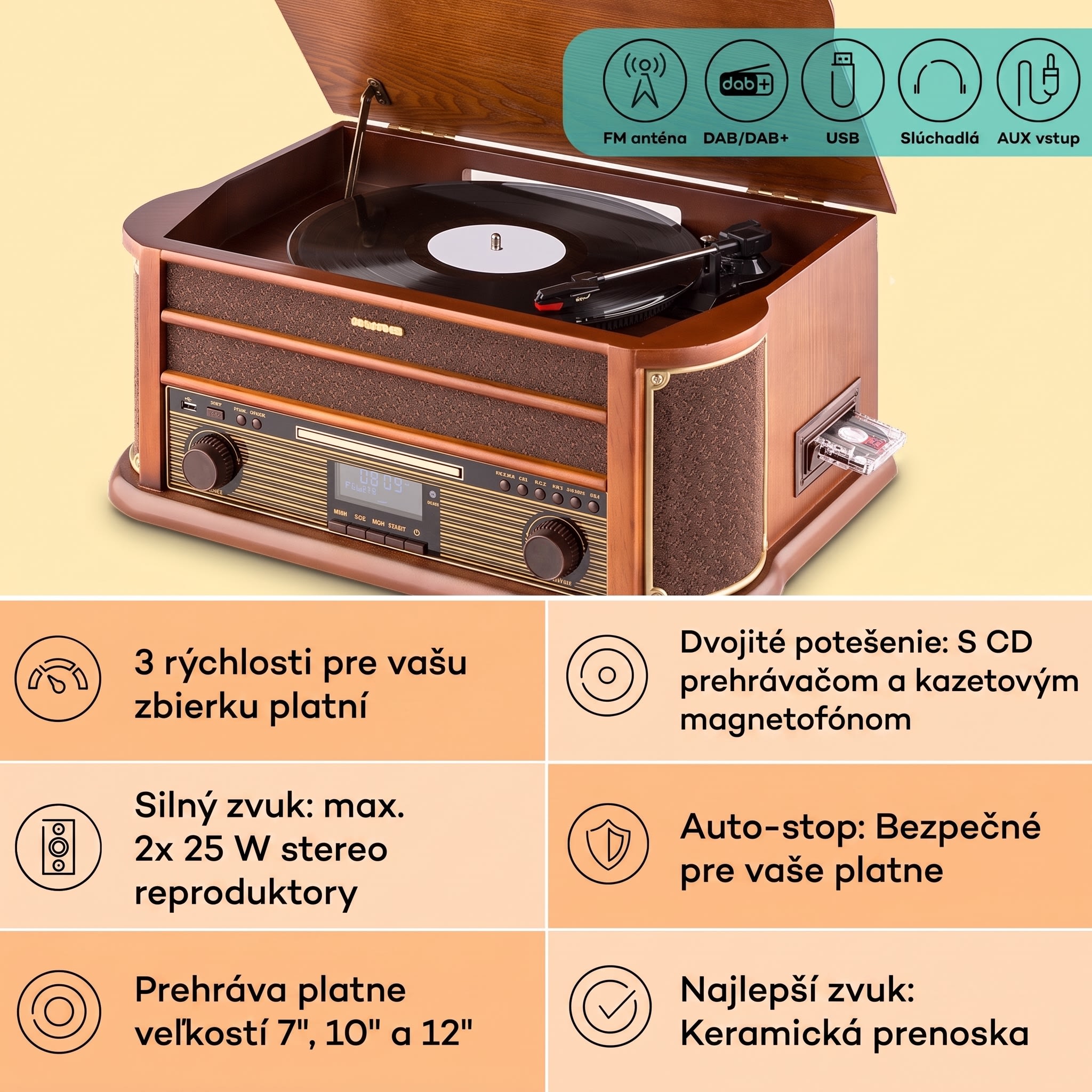 Auna Belle Epoque 1908 DAB retro stereo systém gramofón DAB+ – Obrázok 2