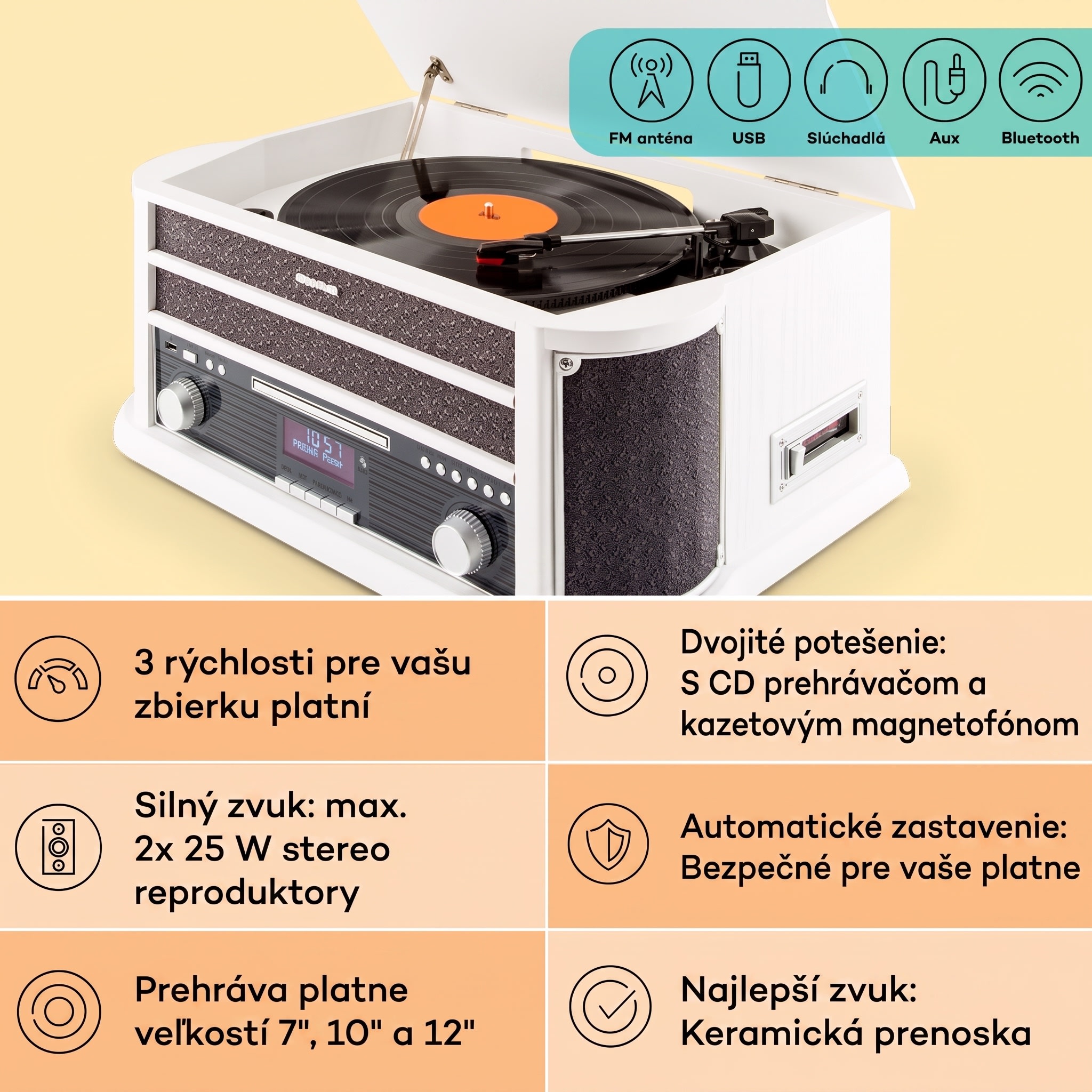 Auna Belle Epoque 1908 DAB, biely, retro stereo systém, gramofón, DAB+ – Obrázok 2
