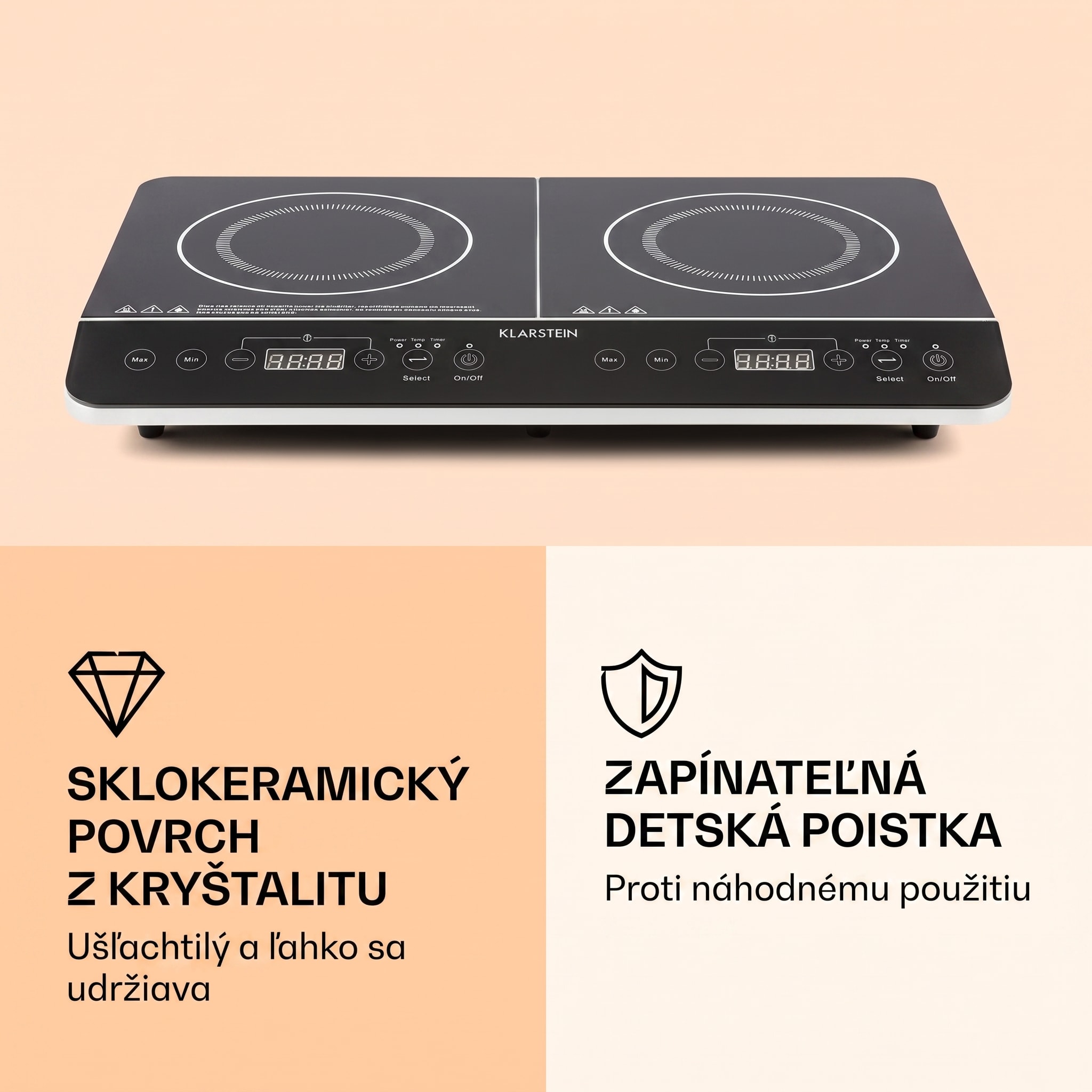 Klarstein VariCook Slim, indukčný varič, 3500 W, 240 °C, 2 platne, časovač, dotykové ovládanie – Obrázok 2