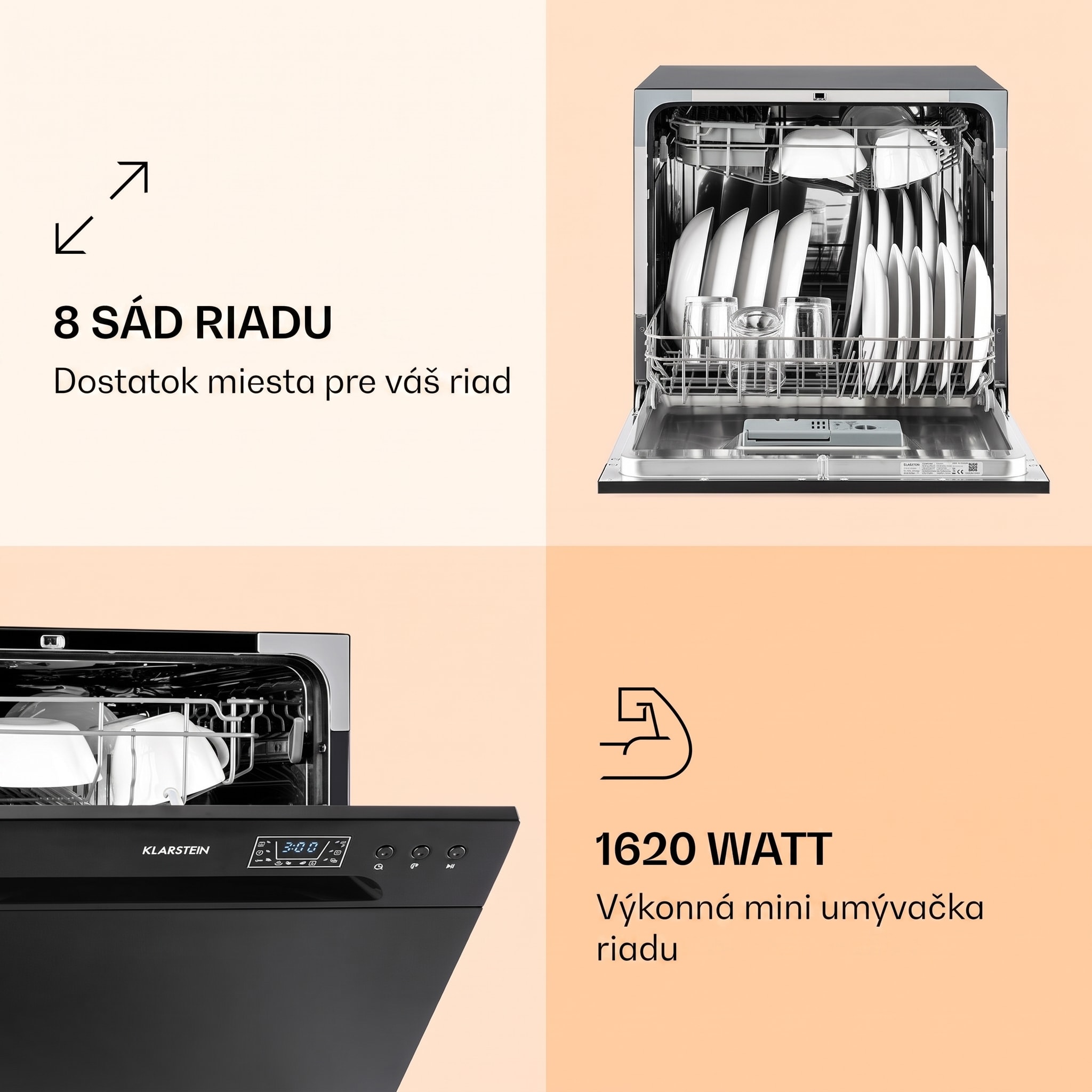 Klarstein Amazonia 8, umývačka riadu, 1620 W, na 8 súprav riadu, energet. trieda F, 49 dB – Obrázok 2