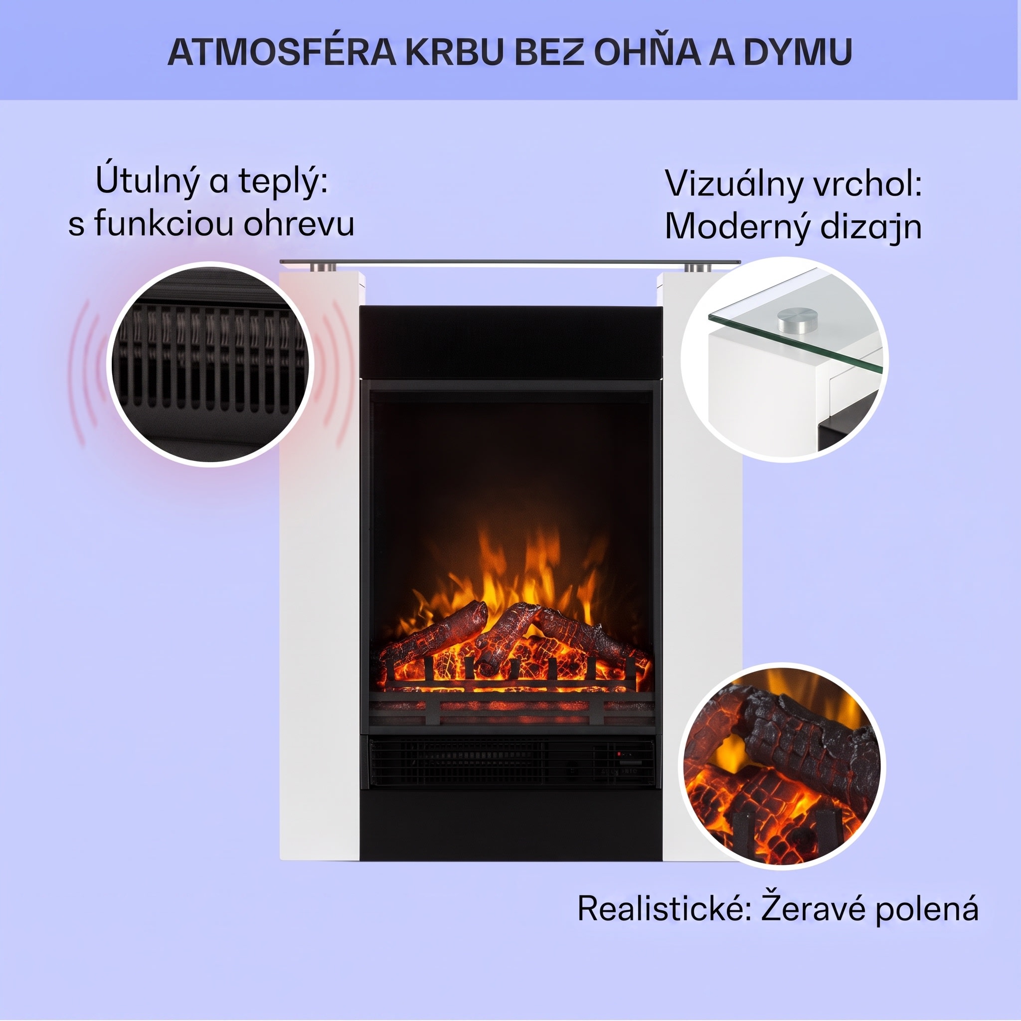 Klarstein Studio-5, elektrický krb, teplovzdušný ventilátor, 900/1800 W, diaľkové ovládanie, biely – Obrázok 2