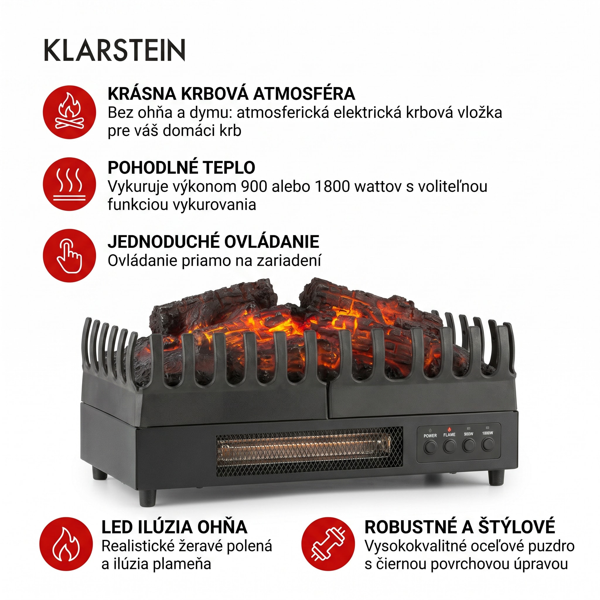 Klarstein Kamini FX, elektrický krb, krbová vložka, 1000/2000 W, 2 W LED, čierny – Obrázok 5