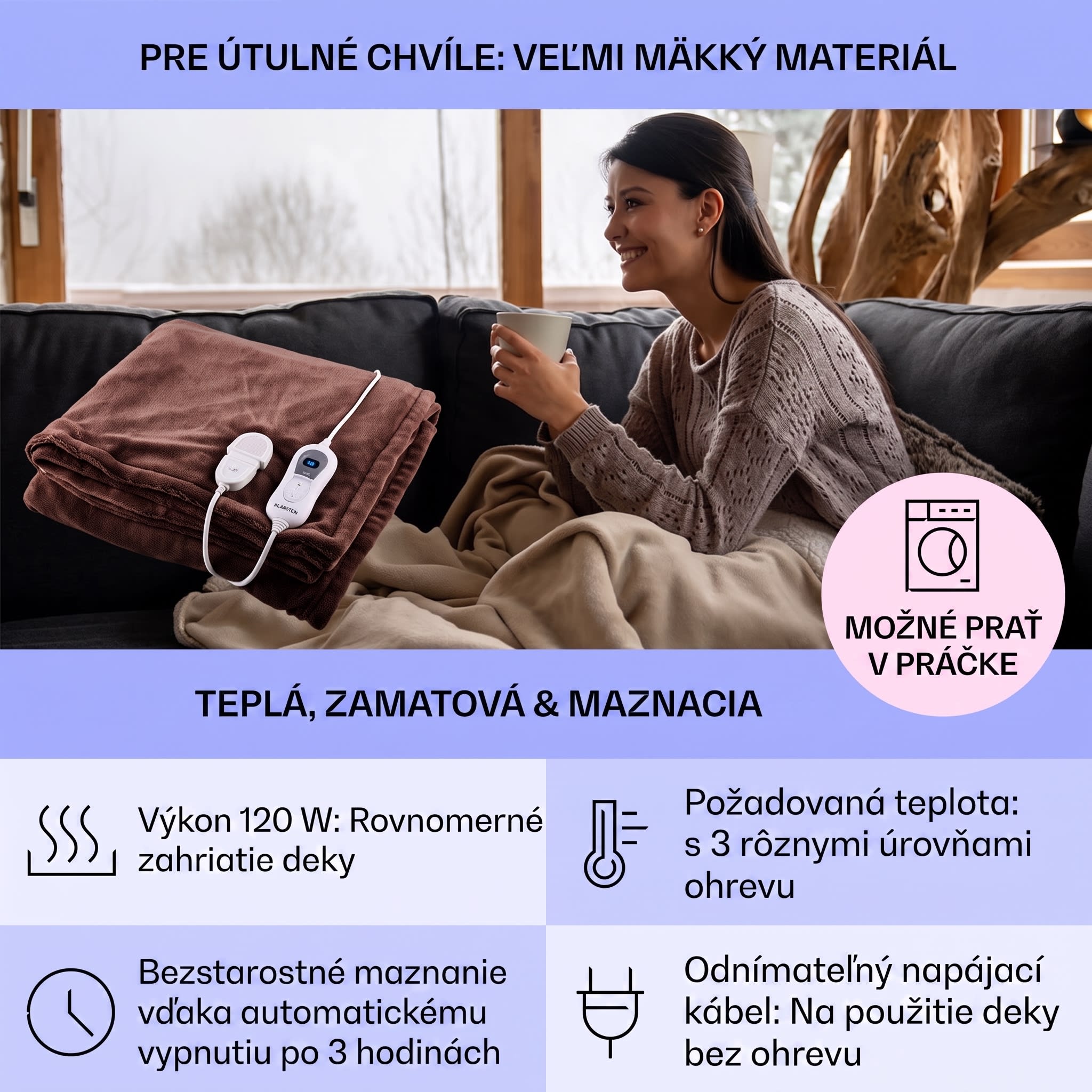 Klarstein Dr. Watson XXL, vyhrievacia deka, 3 stupne ohrevu, prateľná, 200 x 180 cm, mikroplyš – Obrázok 2