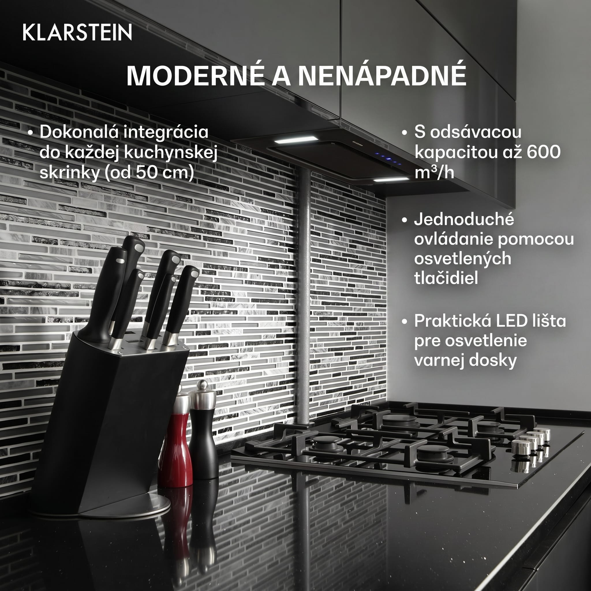 Klarstein Hektor, digestor, 52 cm, vstavaný, 467 m³/h, LED, dotykové ovládanie, sklo, čierny – Obrázok 2