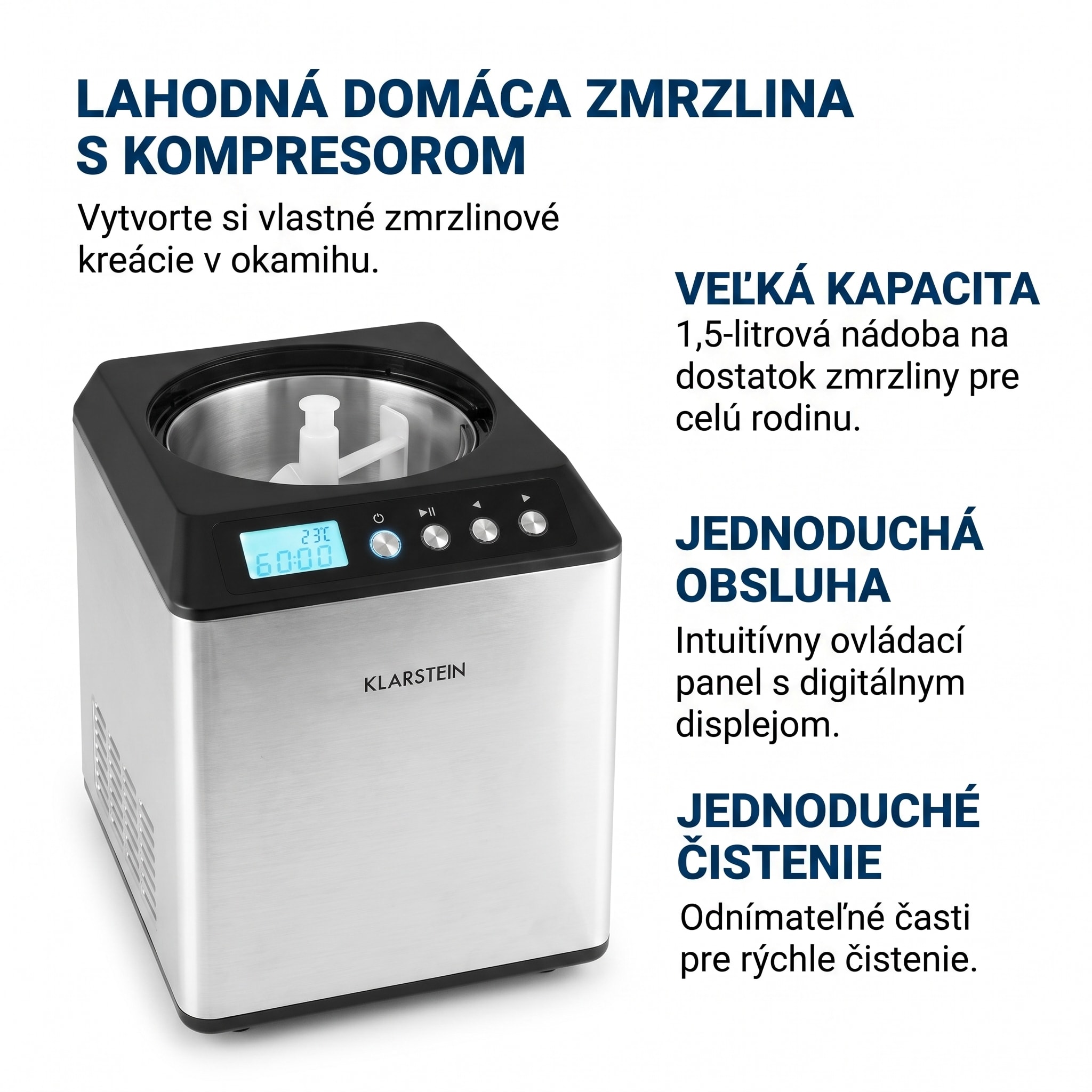 Klarstein Vanilly Sky Family, zmrzlinovač, výrobník zmrzliny a mrazeného jogurtu, 250 W, 2,5 l, strieborný – Obrázok 4