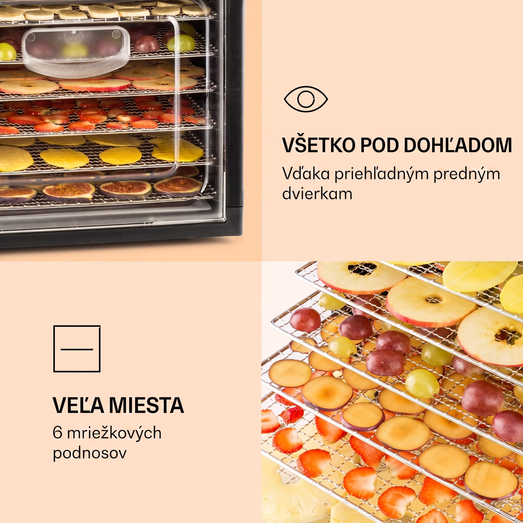 Klarstein Fruit Jerky Plus 6, sušička ovocia, 420-500 W, časovač, 6 poschodí, čierna – Obrázok 3