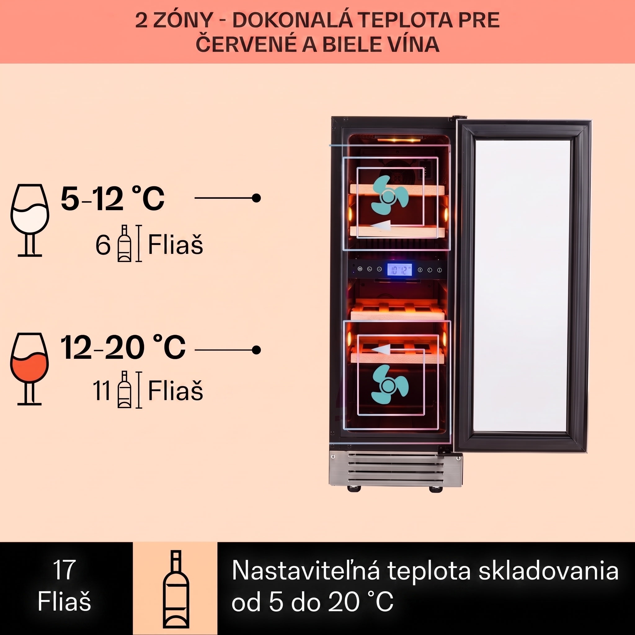 Klarstein Vinovilla Duo 17, dvojzónová vinotéka, 53 l, 17 fliaš, 3-farebné LED osvetlenie, sklenené dvierka – Obrázok 3