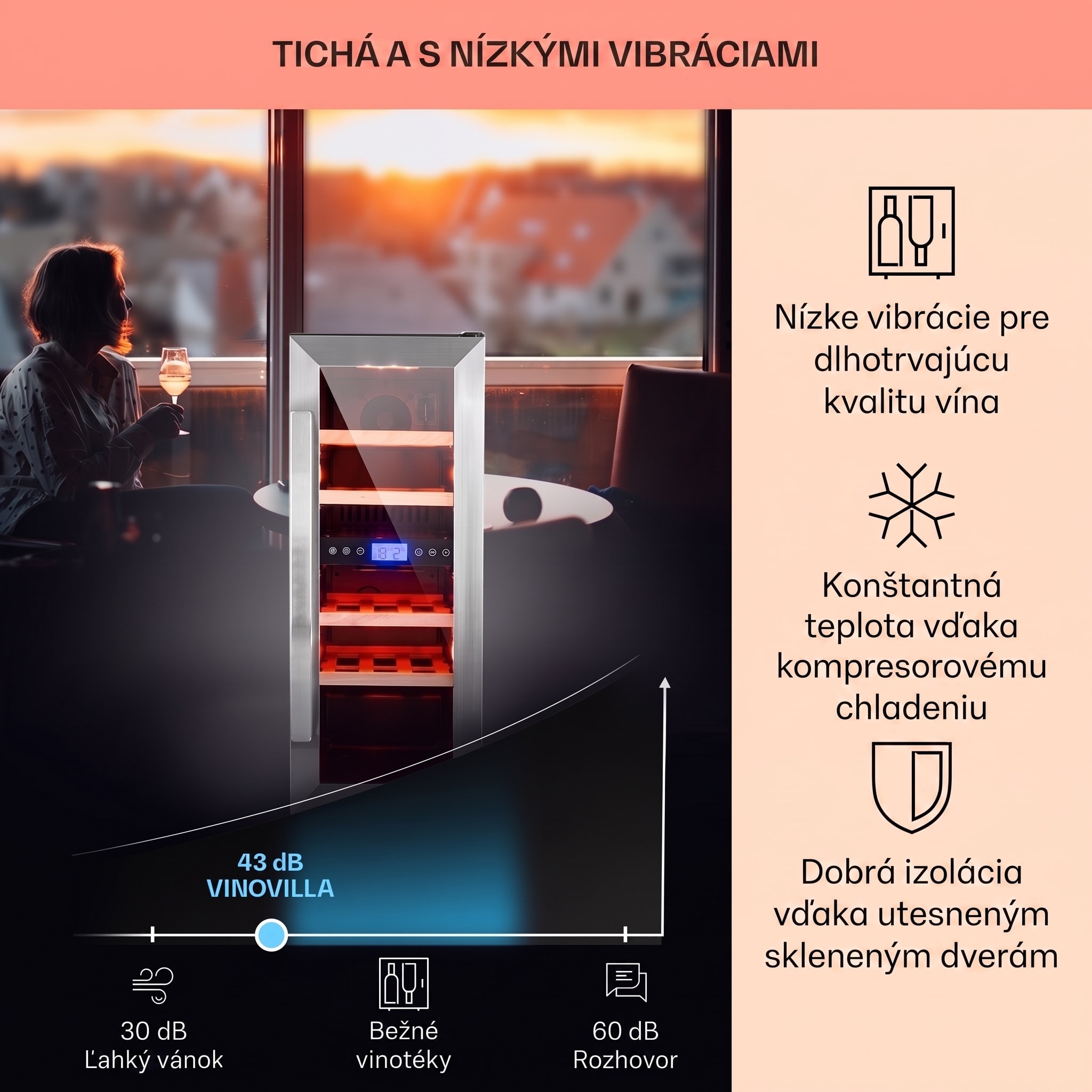 Klarstein Vinovilla Duo 17, dvojzónová vinotéka, 53 l, 17 fliaš, 3-farebné LED osvetlenie, sklenené dvierka – Obrázok 4