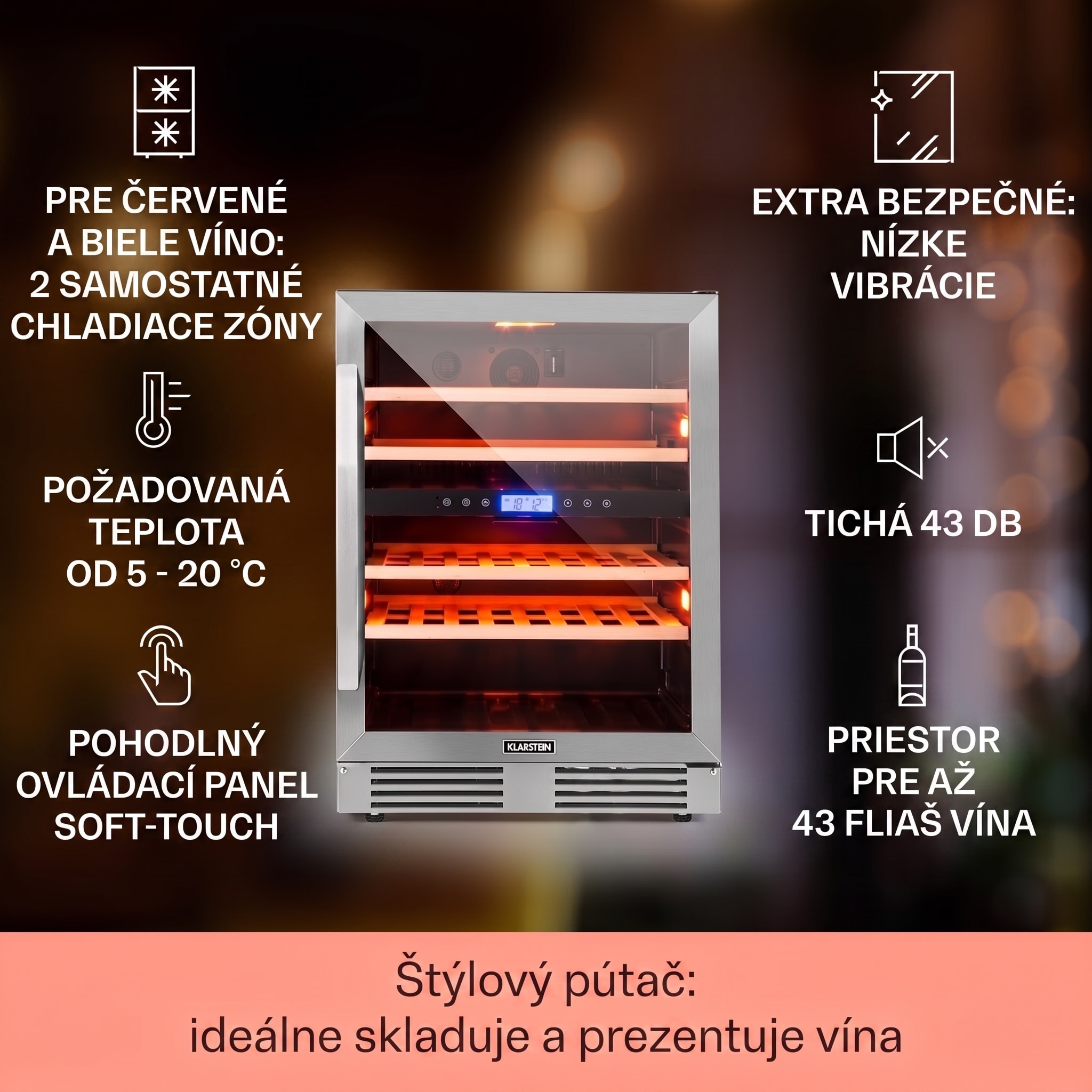 Klarstein Vinovilla Duo43, dvojzónová vinotéka, 129 l, 43 fliaš, 3-farebné LED osvetlenie, sklenené dvere – Obrázok 2
