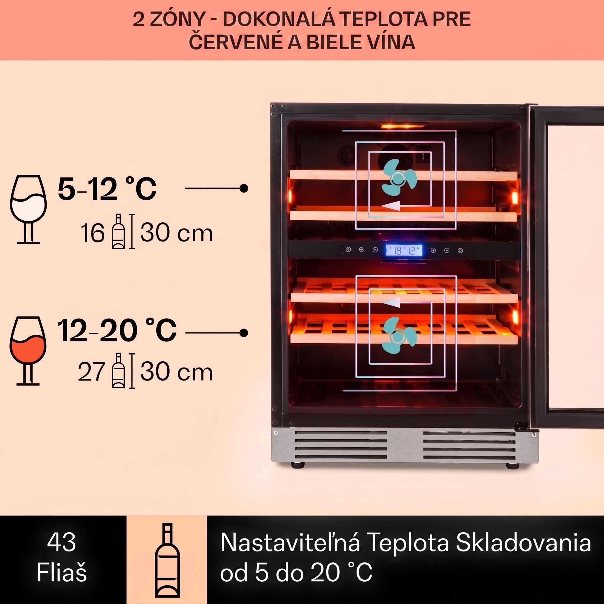 Klarstein Vinovilla Duo43, dvojzónová vinotéka, 129 l, 43 fliaš, 3-farebné LED osvetlenie, sklenené dvere – Obrázok 3