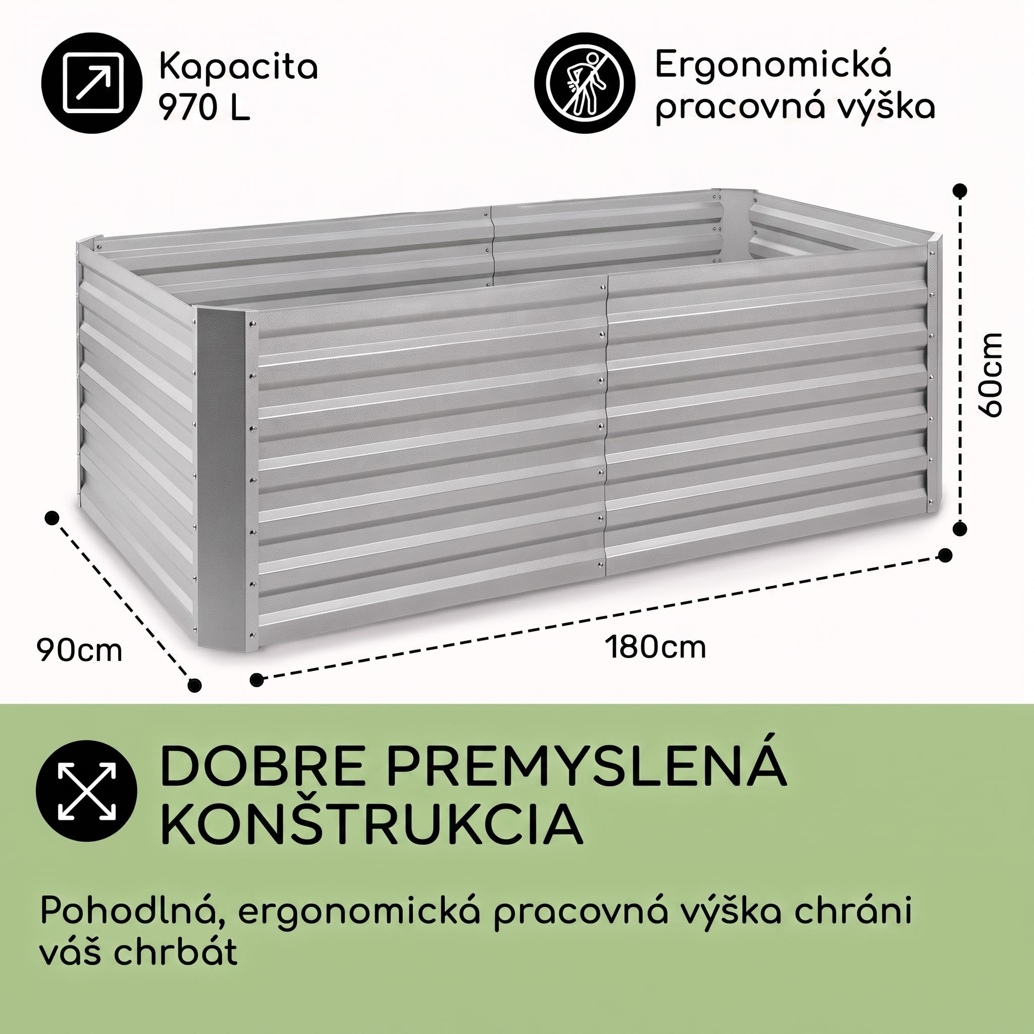 Blumfeldt High Grow Straight, vyvýšený záhon, 180 x 60 x 90 cm, 970 l, oceľ, pozinkovaný, strieborný – Obrázok 5