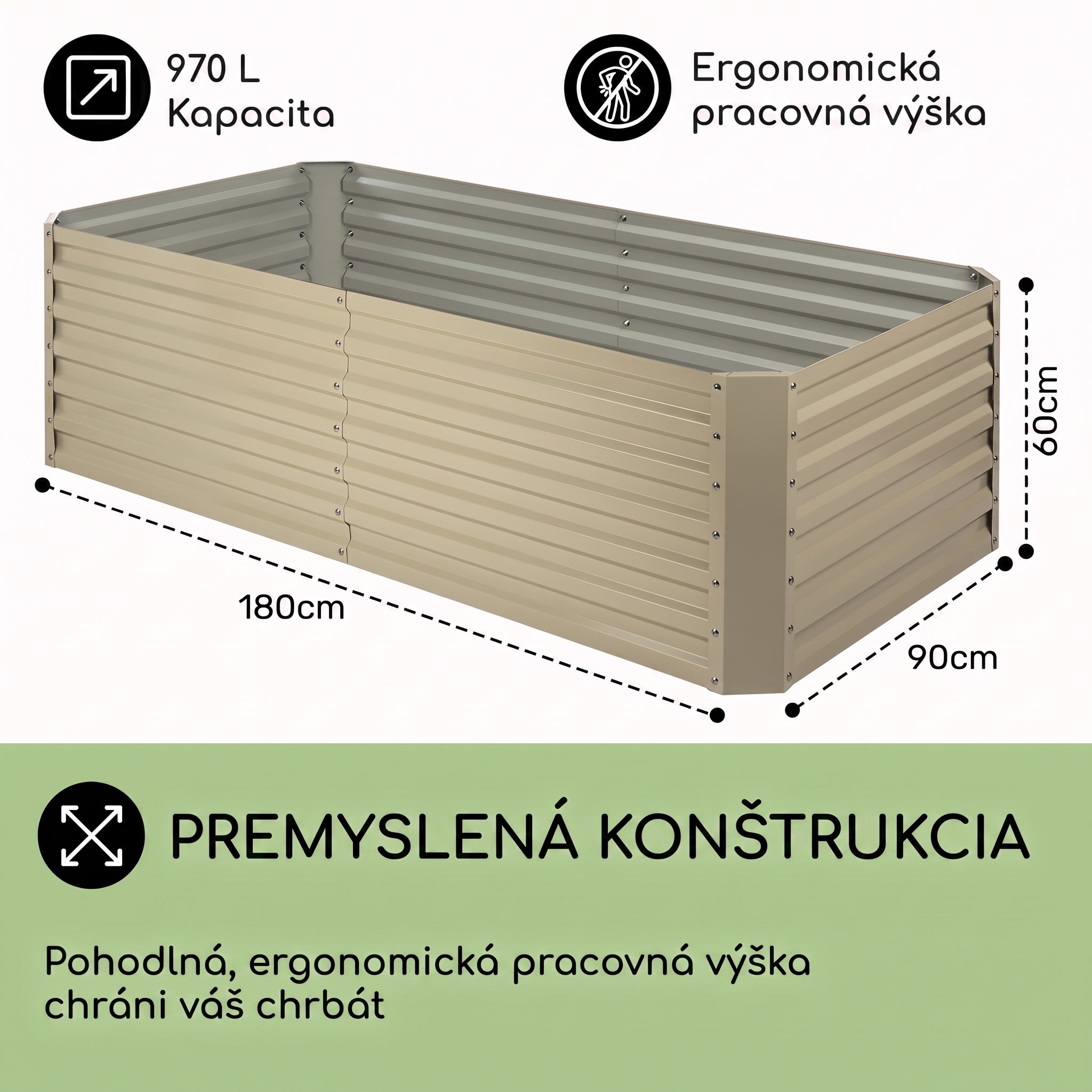 Blumfeldt High Grow Straight, vyvýšený záhon, 180 x 60 x 90 cm, 970 l, oceľ, pozinkovaný, béžový – Obrázok 5
