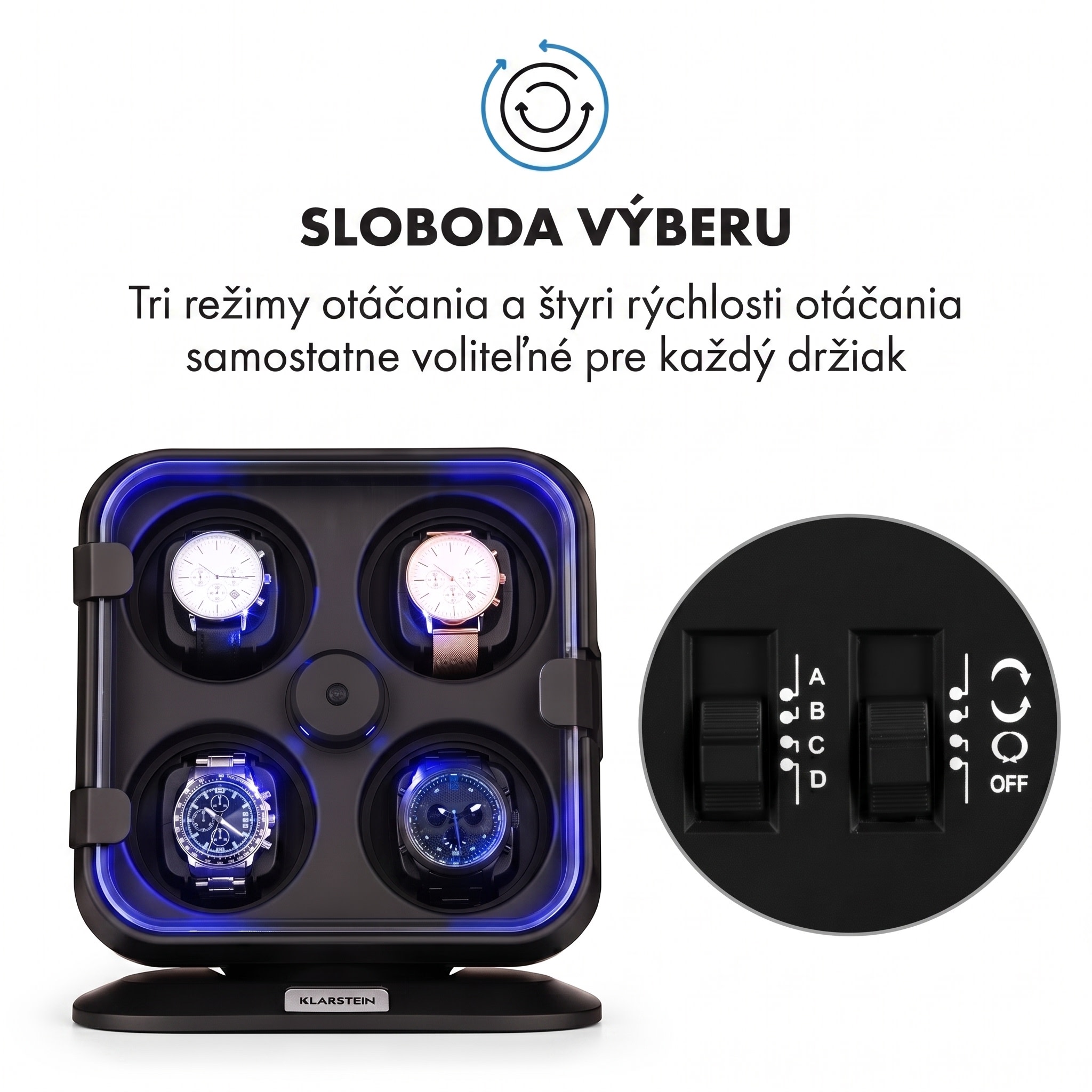 Klarstein Clover, naťahovač na hodinky, 4 hodiniek, 3 otáčania, 4 rýchlosti, modré LED osvetlenie, plastový kryt – Obrázok 2