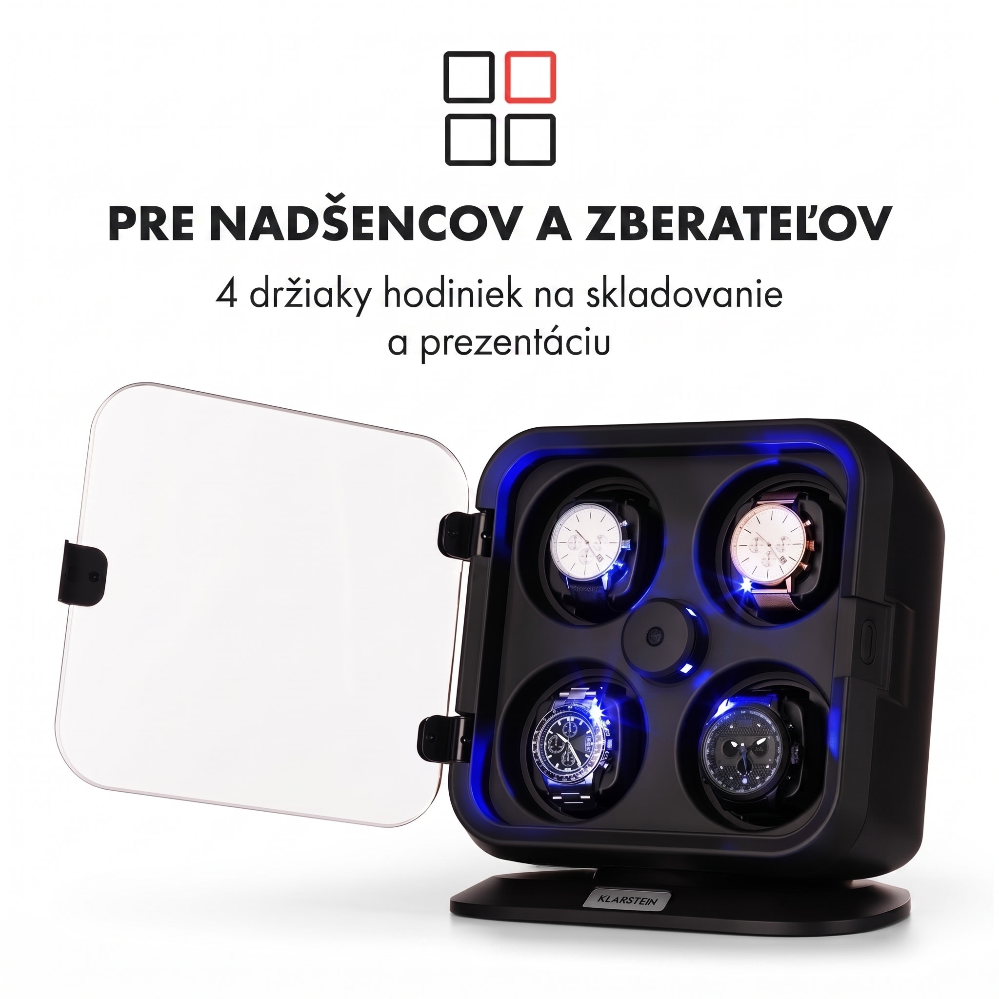 Klarstein Clover, naťahovač na hodinky, 4 hodiniek, 3 otáčania, 4 rýchlosti, modré LED osvetlenie, plastový kryt – Obrázok 3