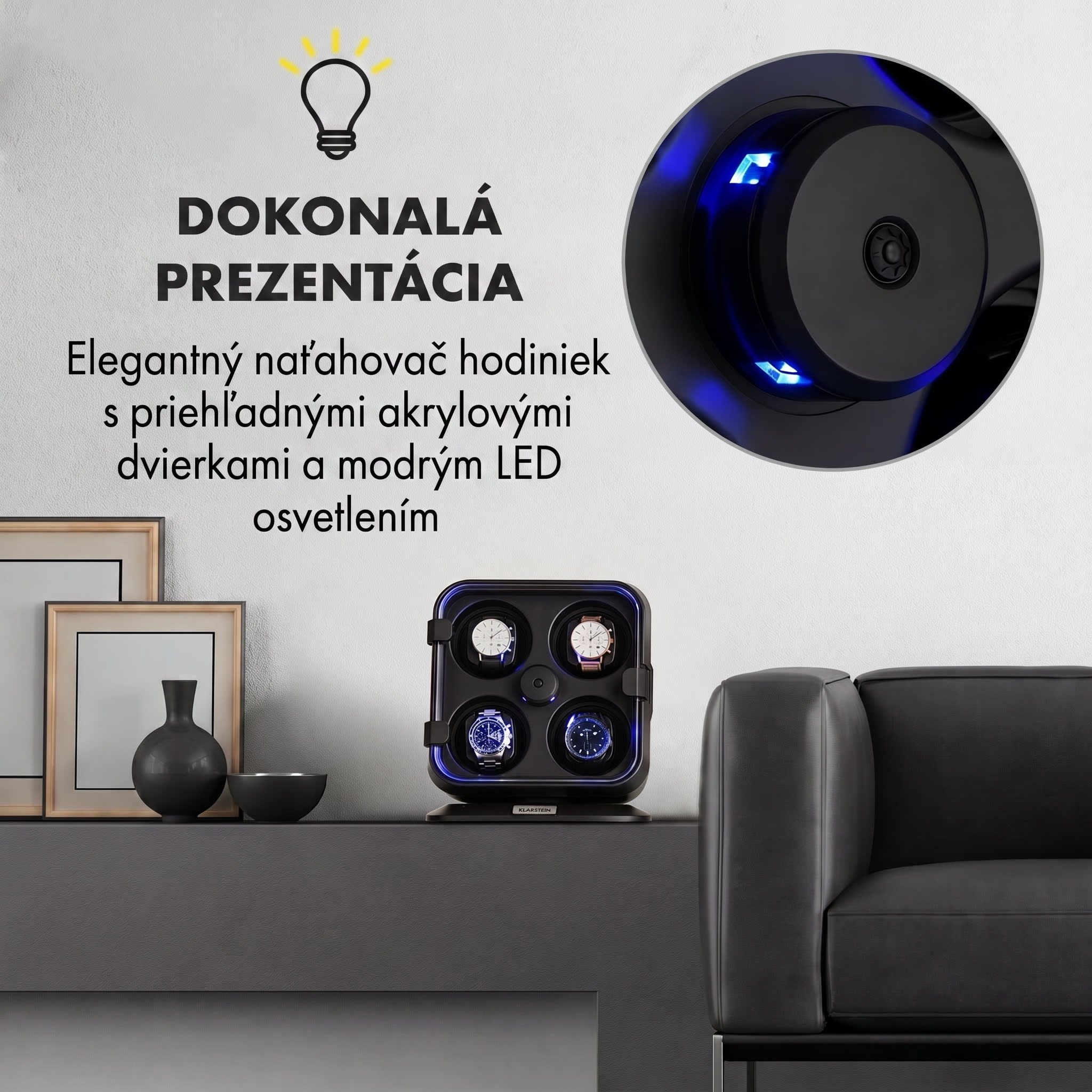 Klarstein Clover, naťahovač na hodinky, 4 hodiniek, 3 otáčania, 4 rýchlosti, modré LED osvetlenie, plastový kryt – Obrázok 5