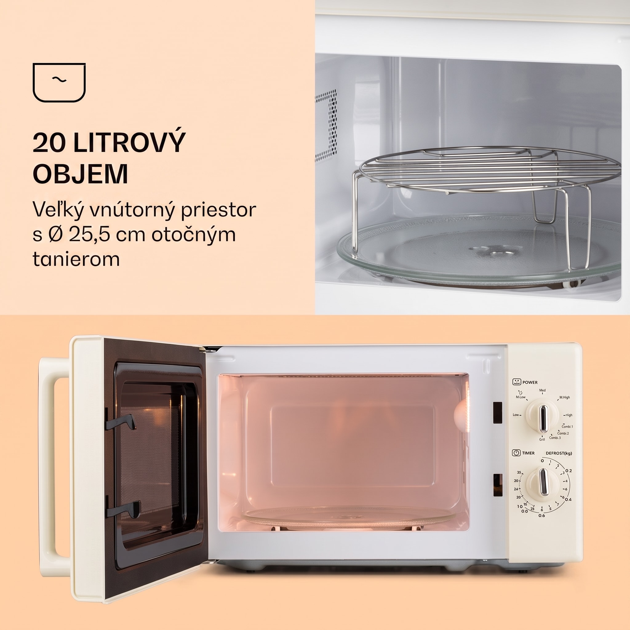 Klarstein Caroline, mikrovlnná rúra, 20 l, 700/1000 W, Ø 25,5 cm, QuickSelect, retro, krémová – Obrázok 3