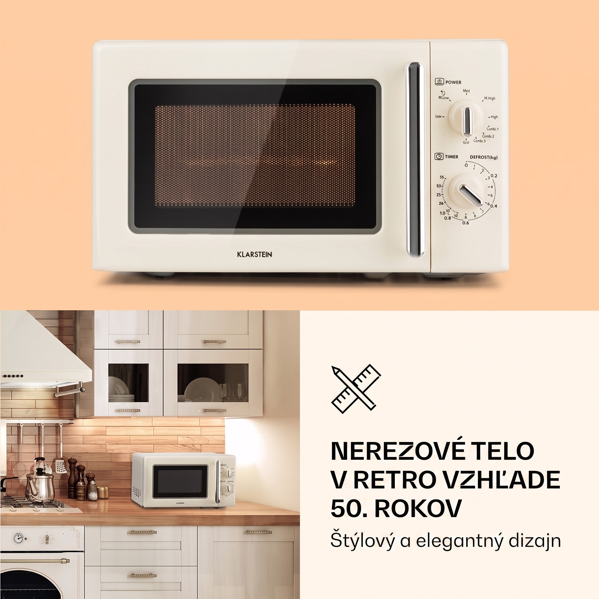 Klarstein Caroline, mikrovlnná rúra, 20 l, 700/1000 W, Ø 25,5 cm, QuickSelect, retro, krémová – Obrázok 5