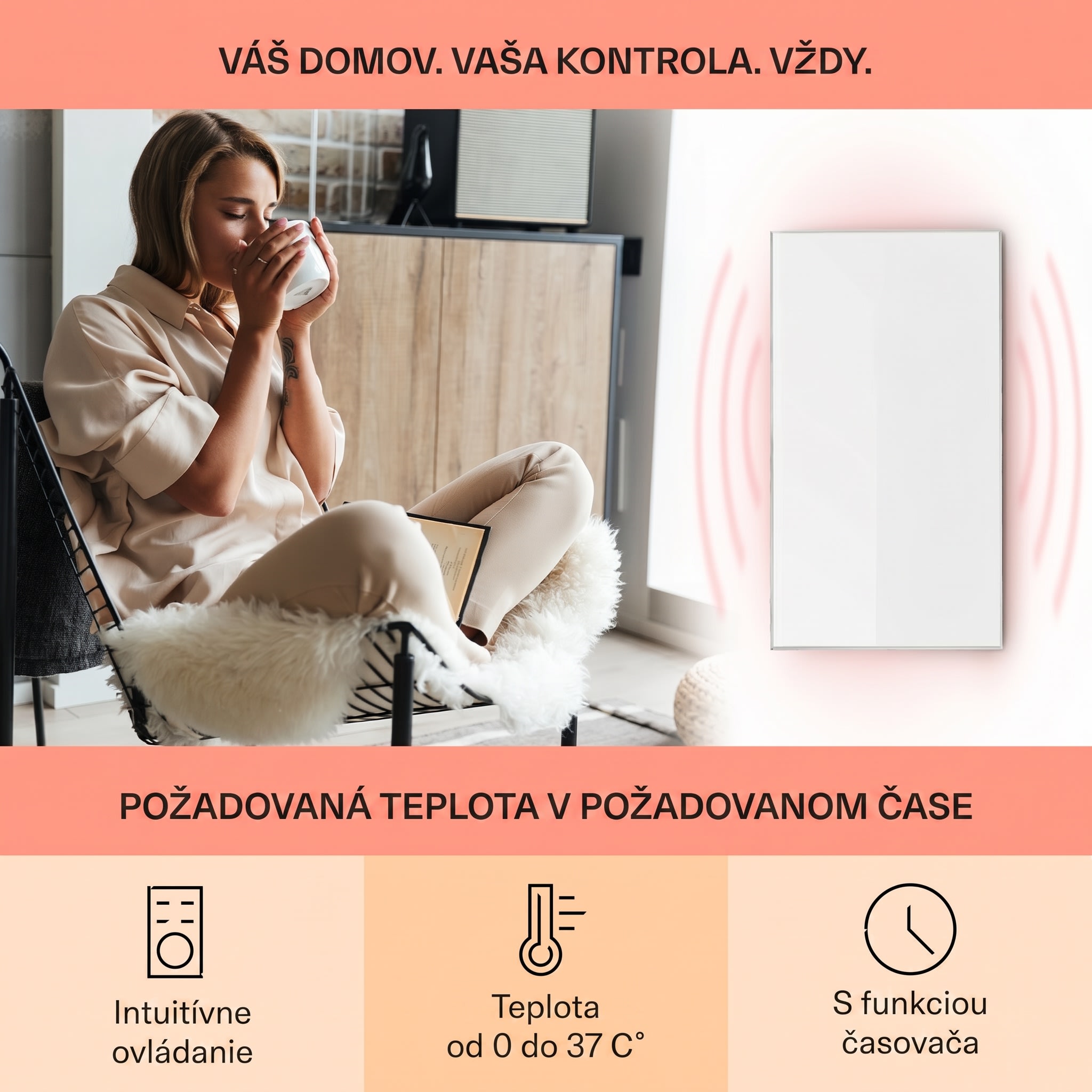 Klarstein Wonderwall 45, infračervený ohrievač, 50 x 90 cm, 450 W, týždenný časovač, IP24 – Obrázok 3