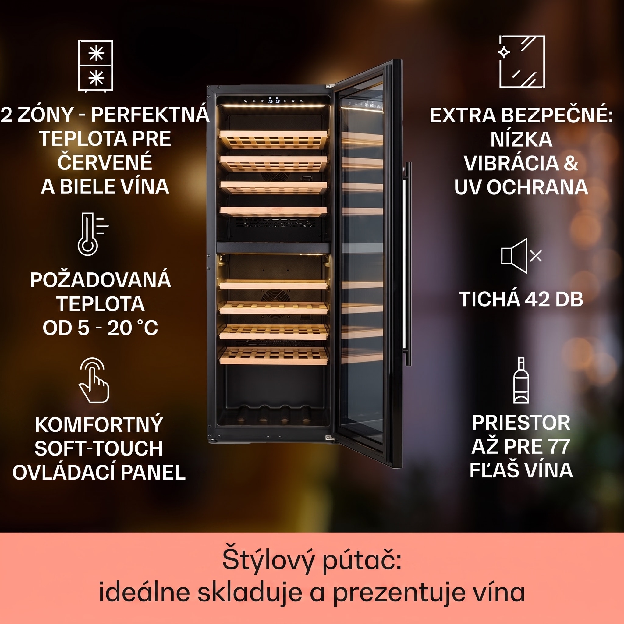 Klarstein Barossa 77 Duo, vinotéka, 191 l, 2 zóny, 77 fliaš, dotyková, LED, čierna – Obrázok 2