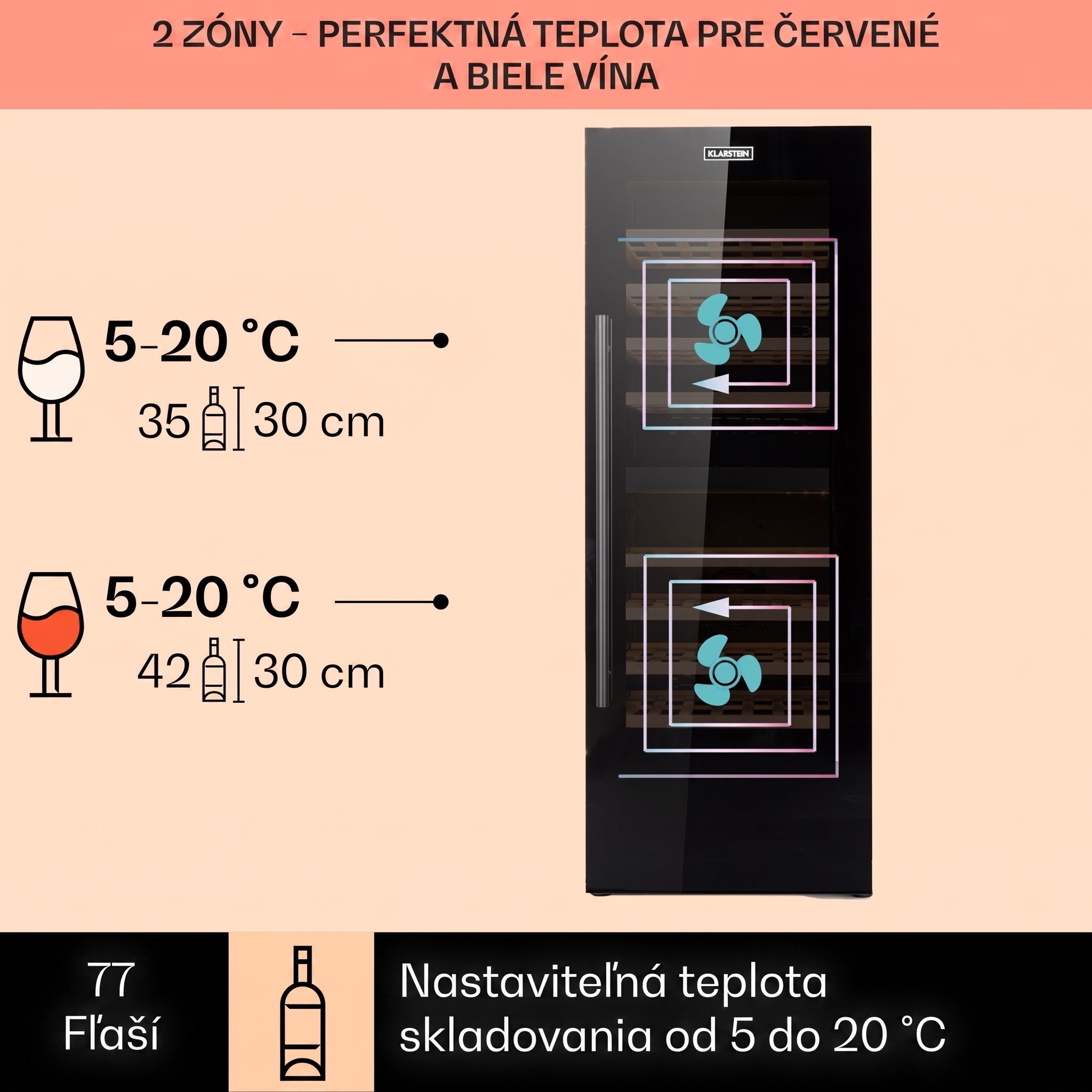 Klarstein Barossa 77 Duo, vinotéka, 191 l, 2 zóny, 77 fliaš, dotyková, LED, čierna – Obrázok 3