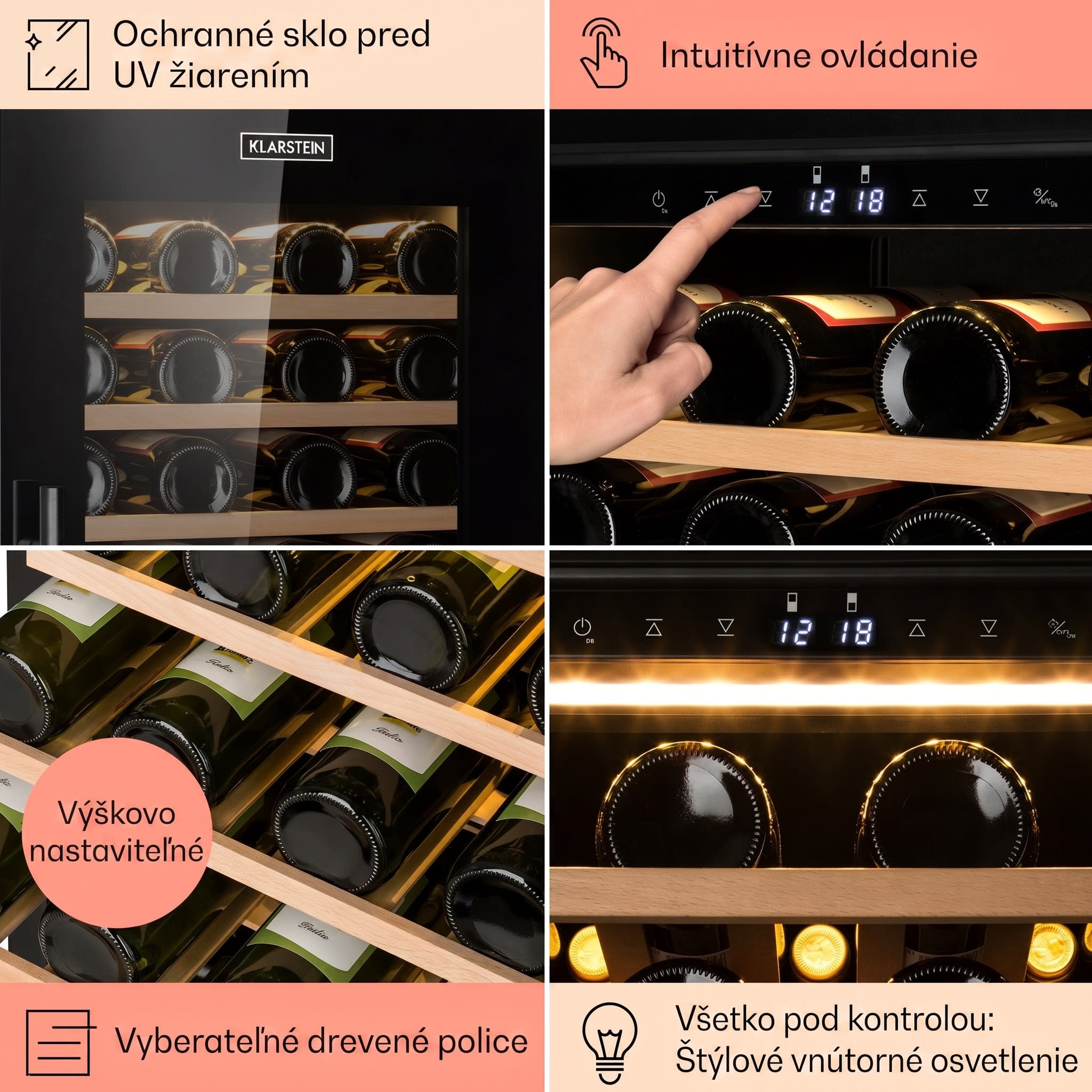 Klarstein Barossa 77 Duo, vinotéka, 191 l, 2 zóny, 77 fliaš, dotyková, LED, čierna – Obrázok 5