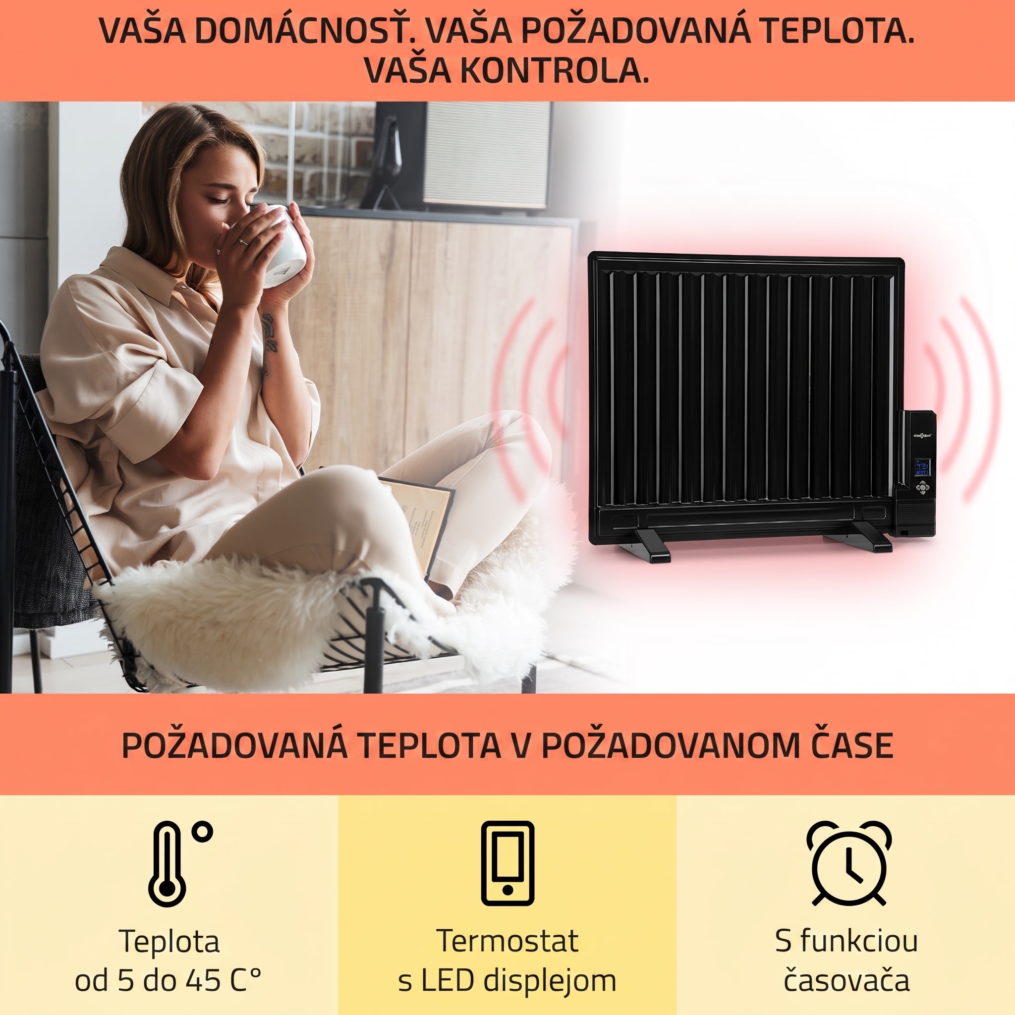 OneConcept Wallander, olejový radiátor, 600 W, termostat, olejové vyhrievanie, plochý dizajn, čierny – Obrázok 3