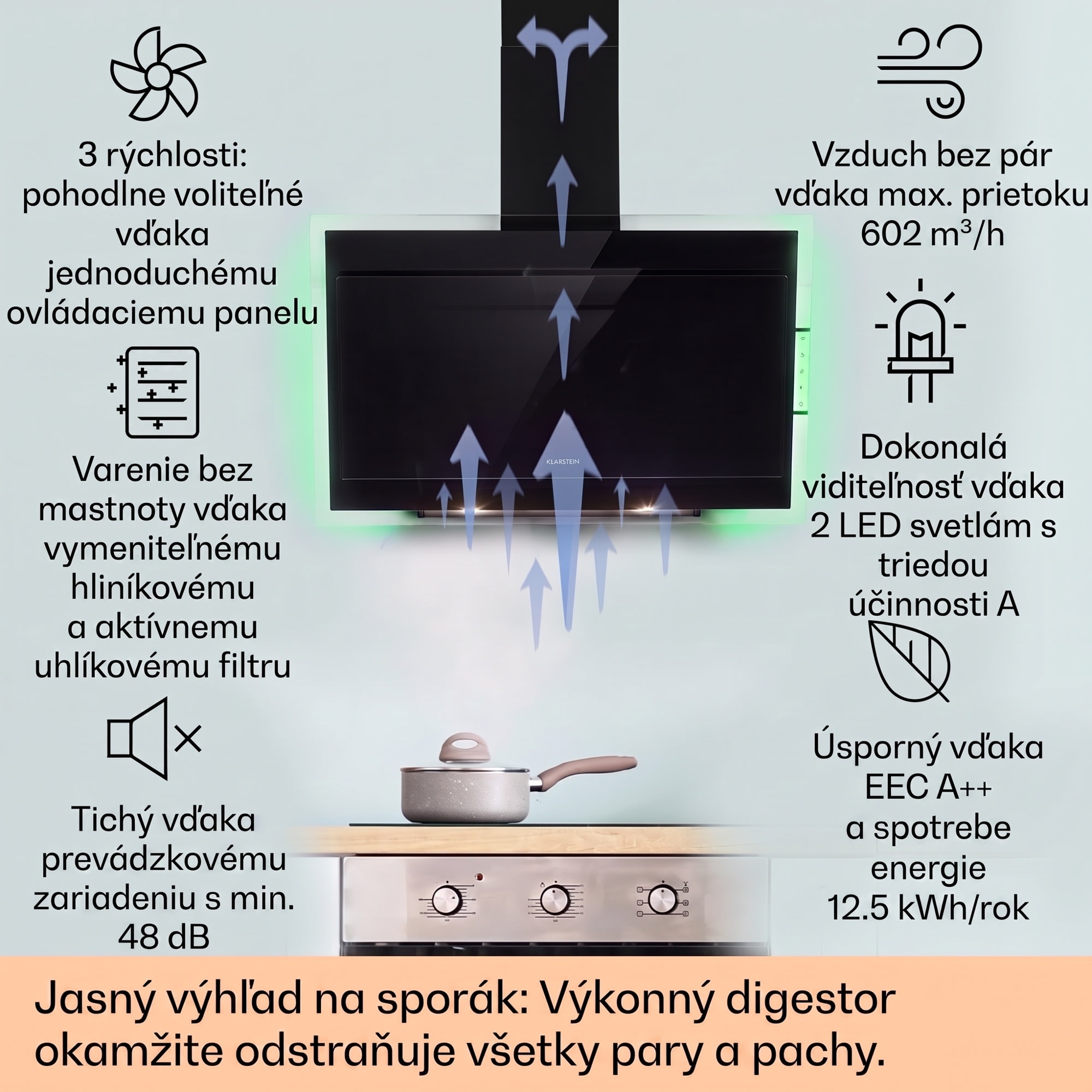 Klarstein Mirage 90, digestor, 90 cm, nástenný, 602 m³/h, A++, dotykový panel, RGB svetlo, čierny – Obrázok 2
