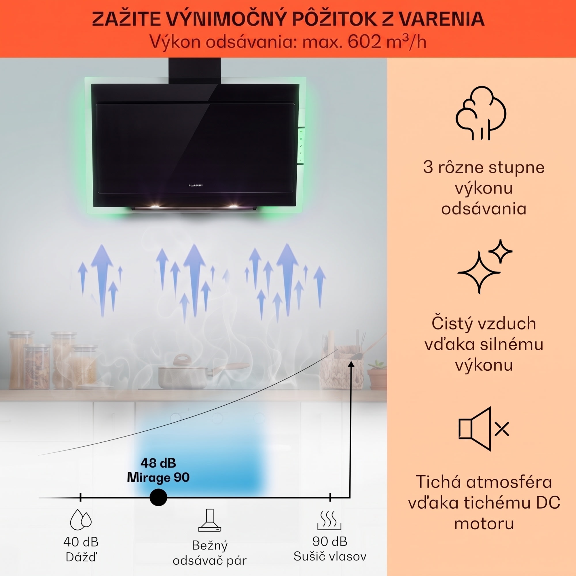 Klarstein Mirage 90, digestor, 90 cm, nástenný, 602 m³/h, A++, dotykový panel, RGB svetlo, čierny – Obrázok 3
