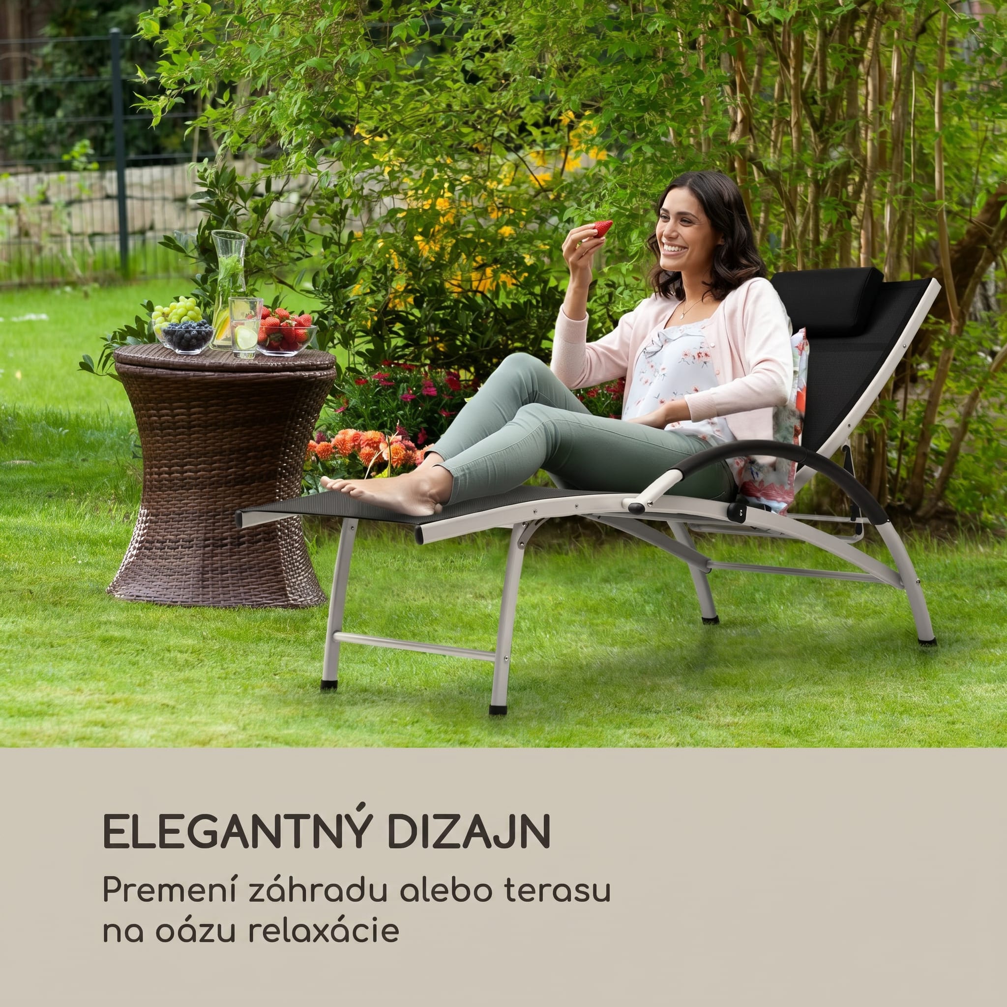 Blumfeldt Sun Valley, záhradné lehátko, sklápateľné, vankúš, čierne – Obrázok 2
