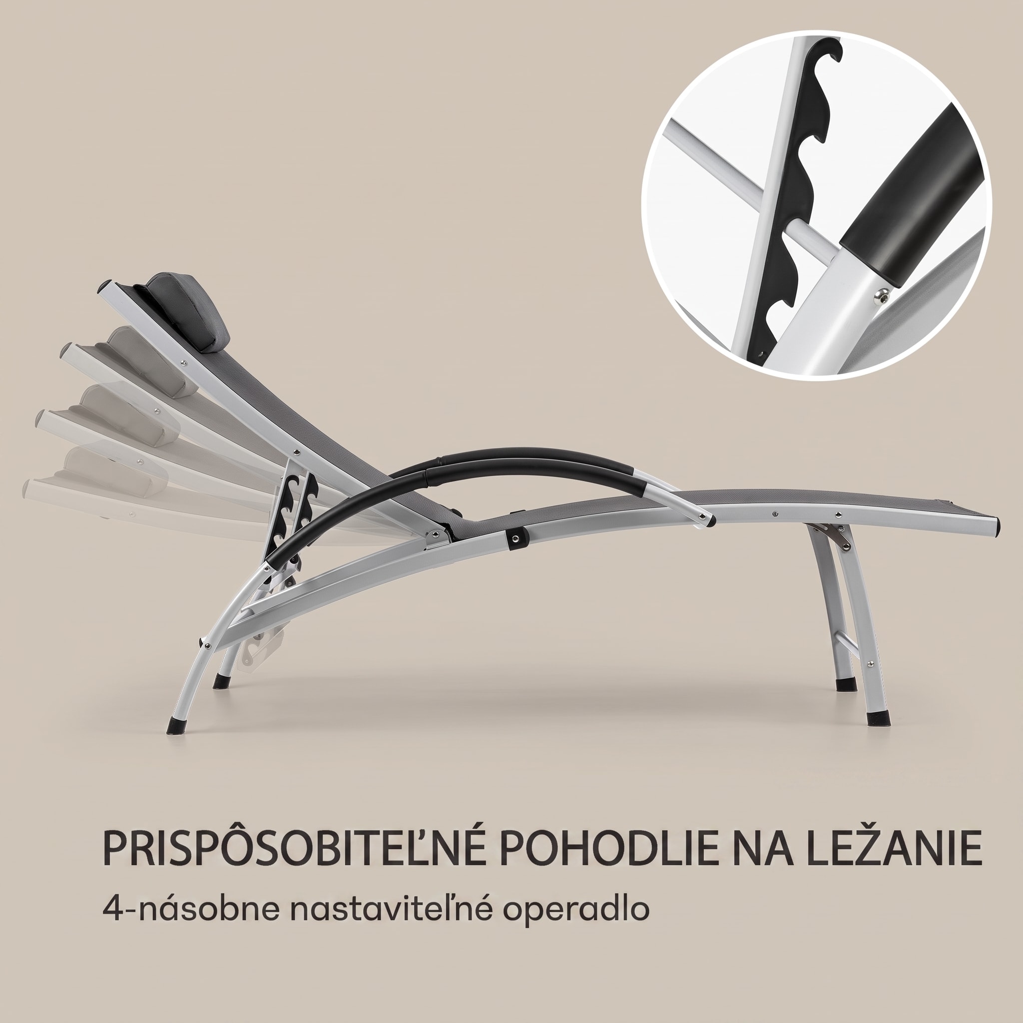 Blumfeldt Sun Valley skladacie záhradné lehátko s vankúšom, sivé – Obrázok 3